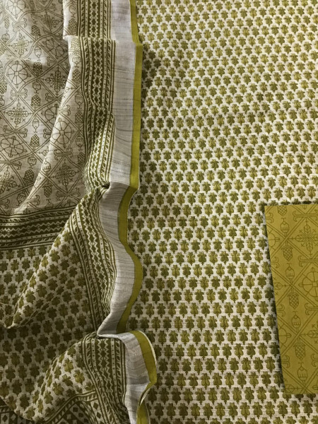 Image of Pure Jute Cotton Printed Suit - Yellowish Green