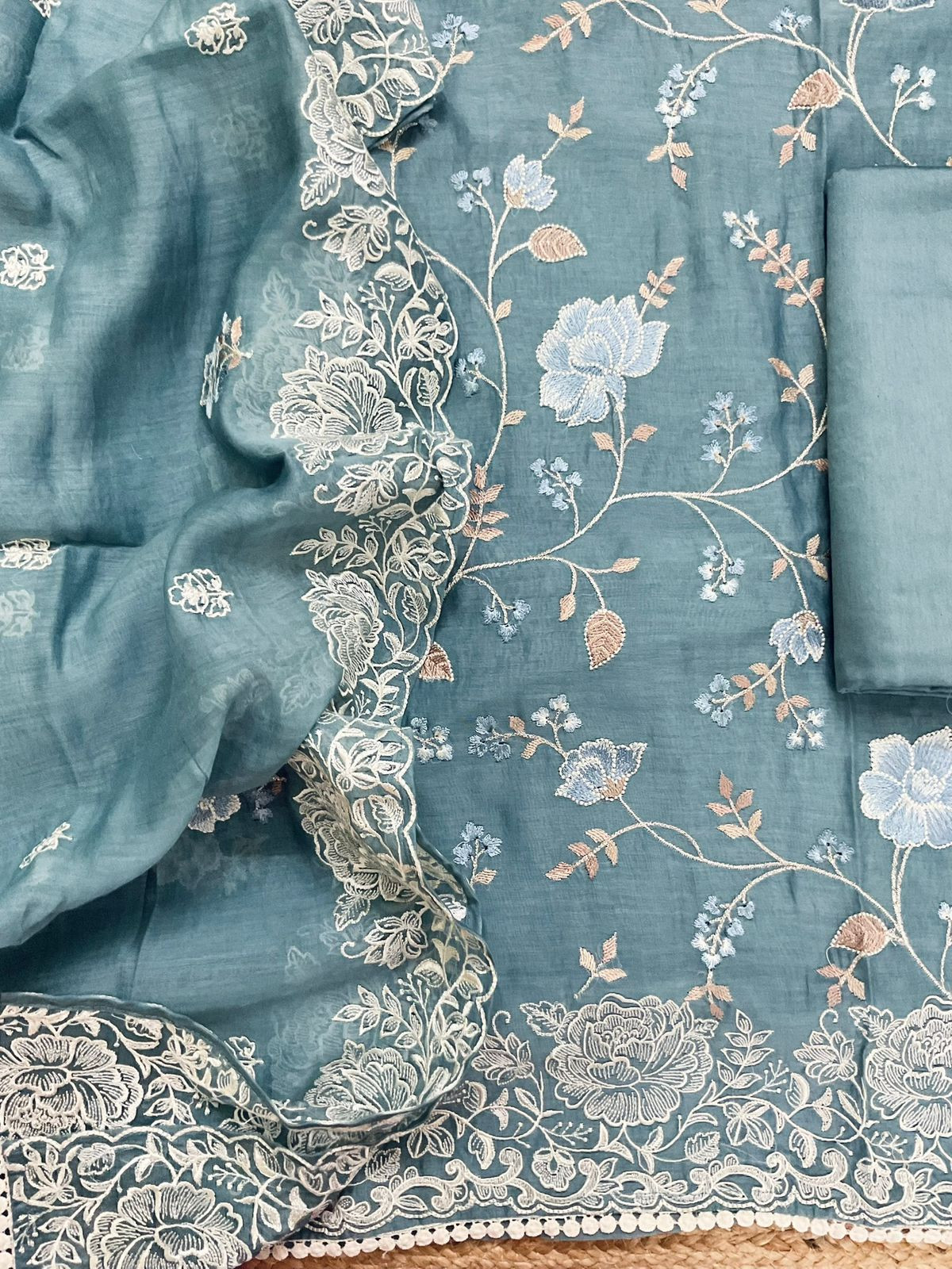 Pure Mul Chanderi Embroidered Suit - Bluish Grey