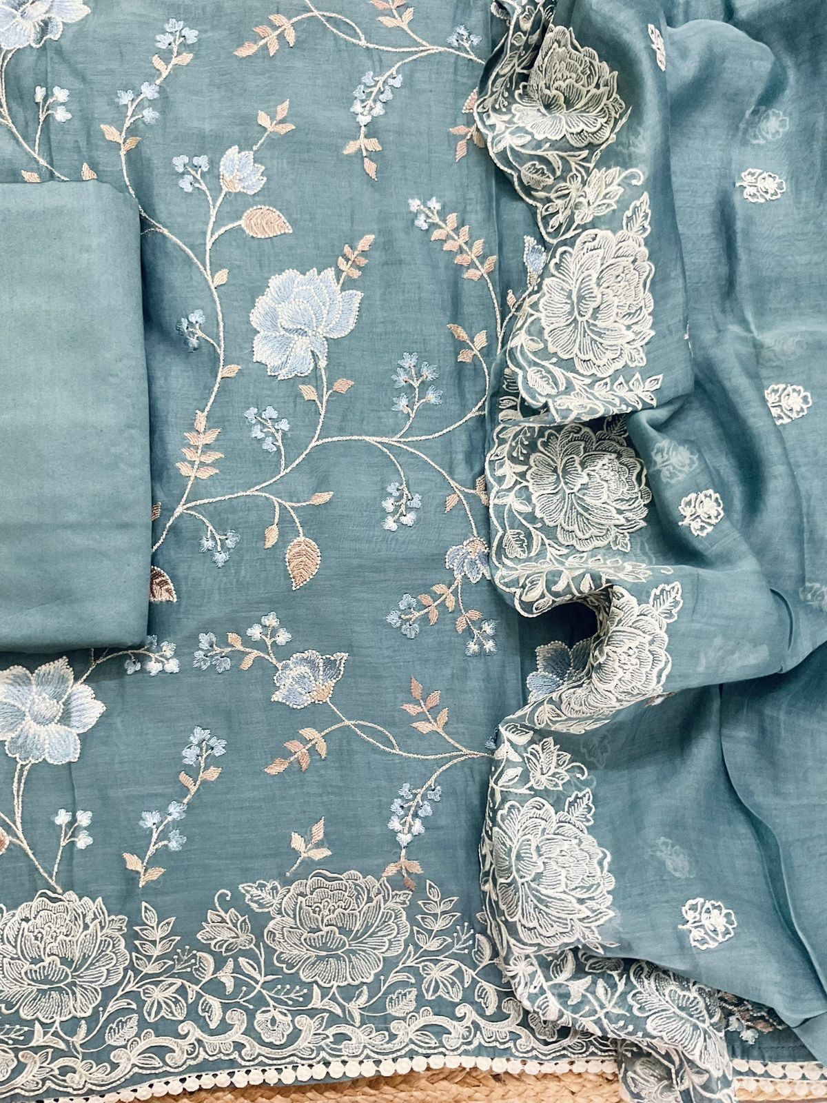 Pure Mul Chanderi Embroidered Suit - Bluish Grey
