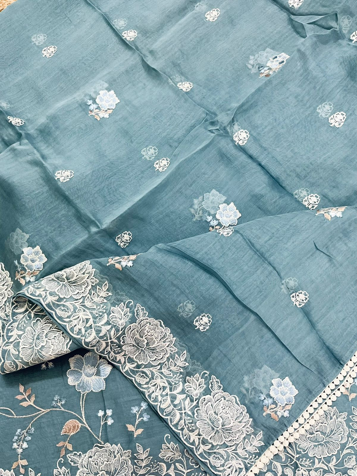 Pure Mul Chanderi Embroidered Suit - Bluish Grey