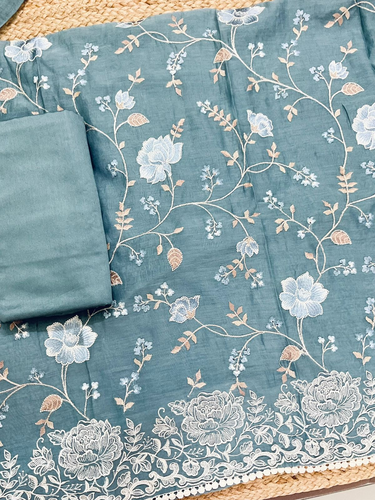 Pure Mul Chanderi Embroidered Suit - Bluish Grey