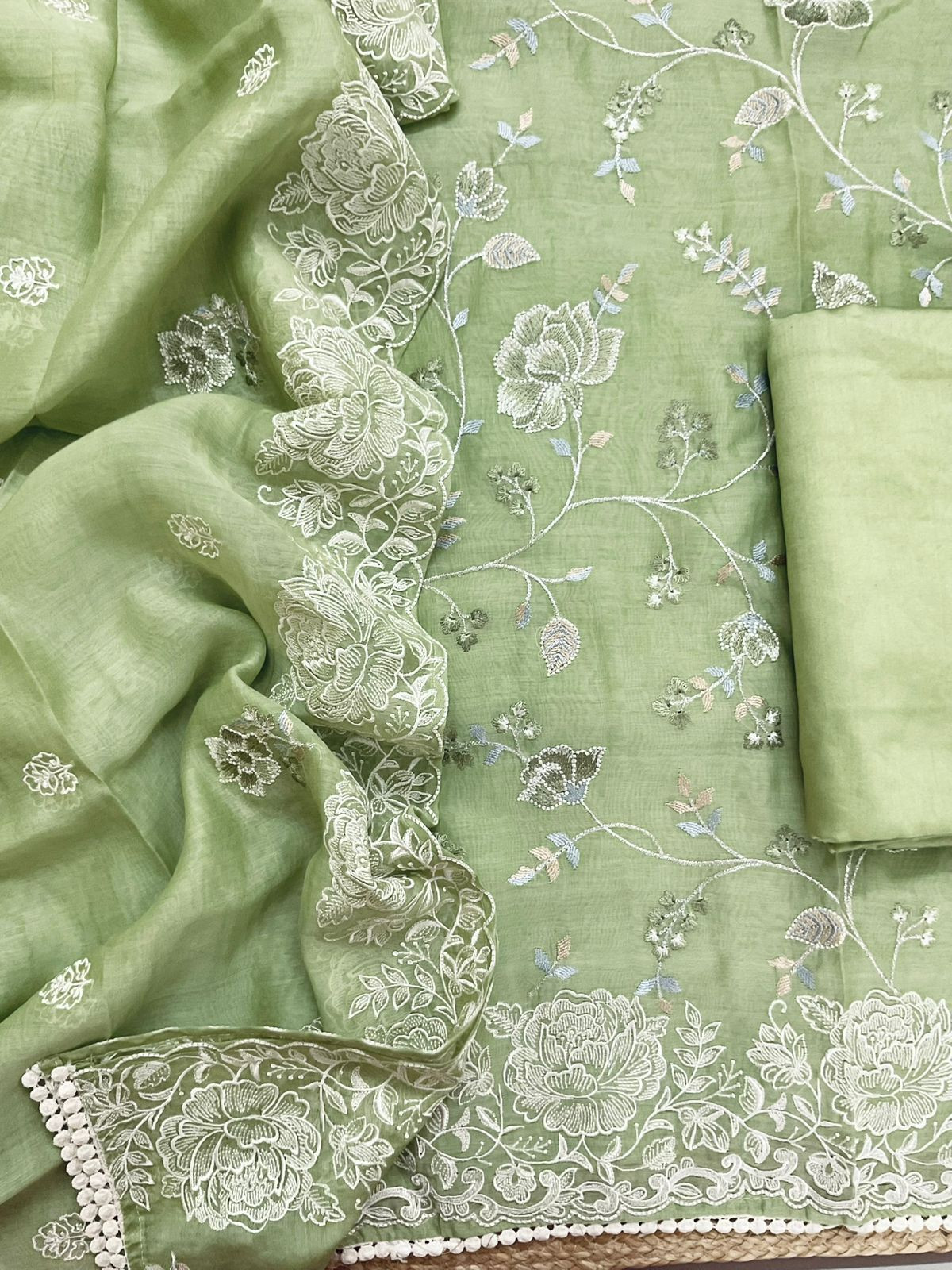 Pure Mul Chanderi Embroidered Suit - Green
