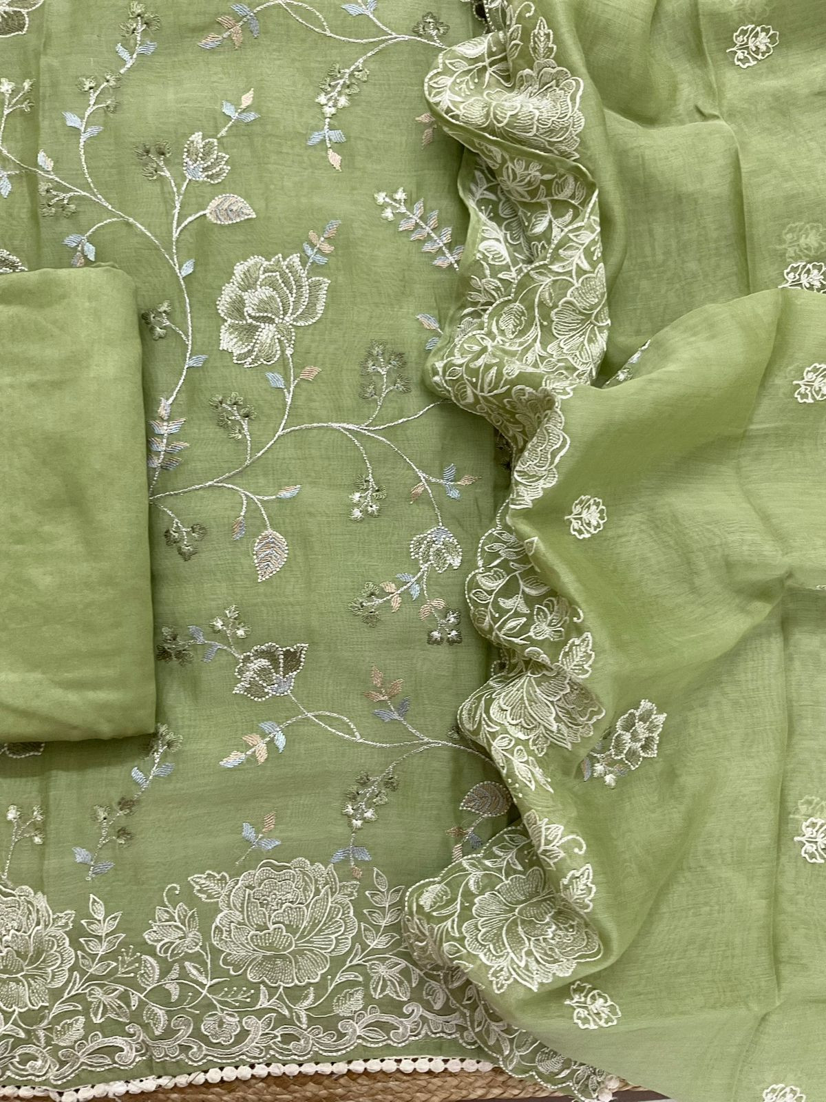 Pure Mul Chanderi Embroidered Suit - Green