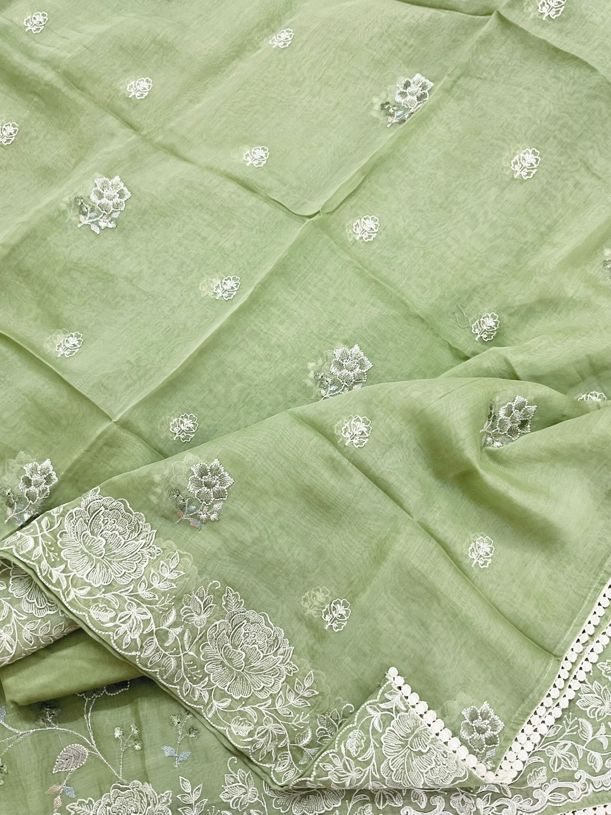Pure Mul Chanderi Embroidered Suit - Green
