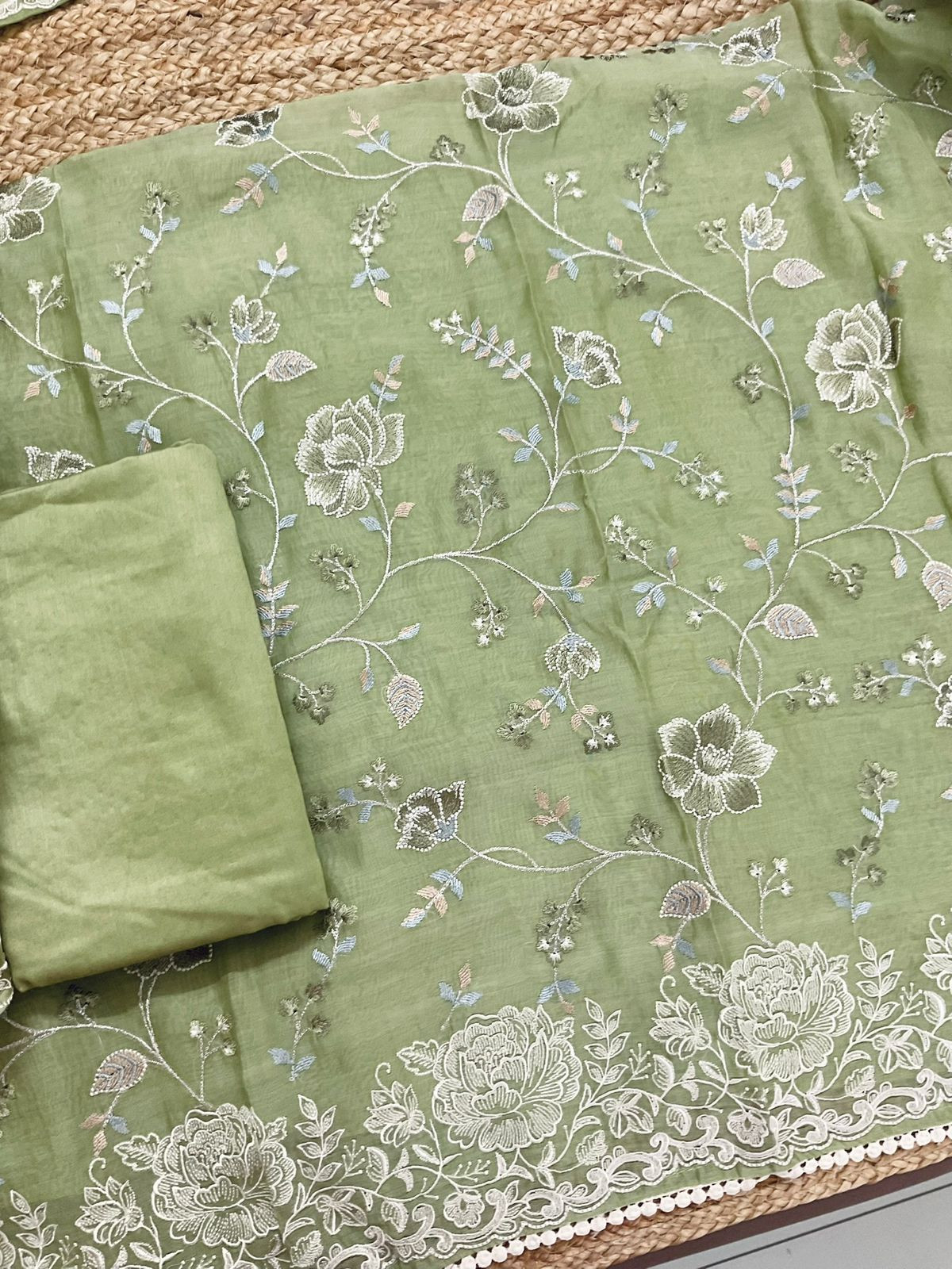 Pure Mul Chanderi Embroidered Suit - Green