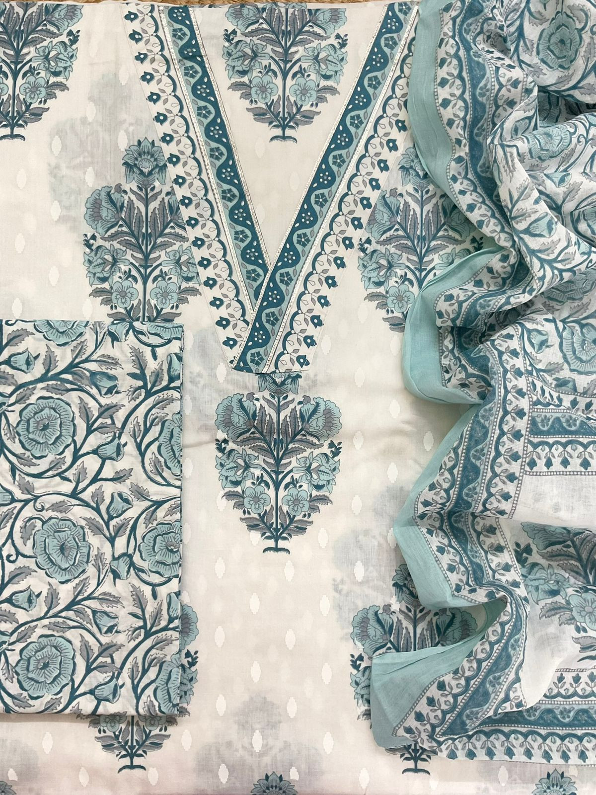 Pure Cotton Printed Suit - White