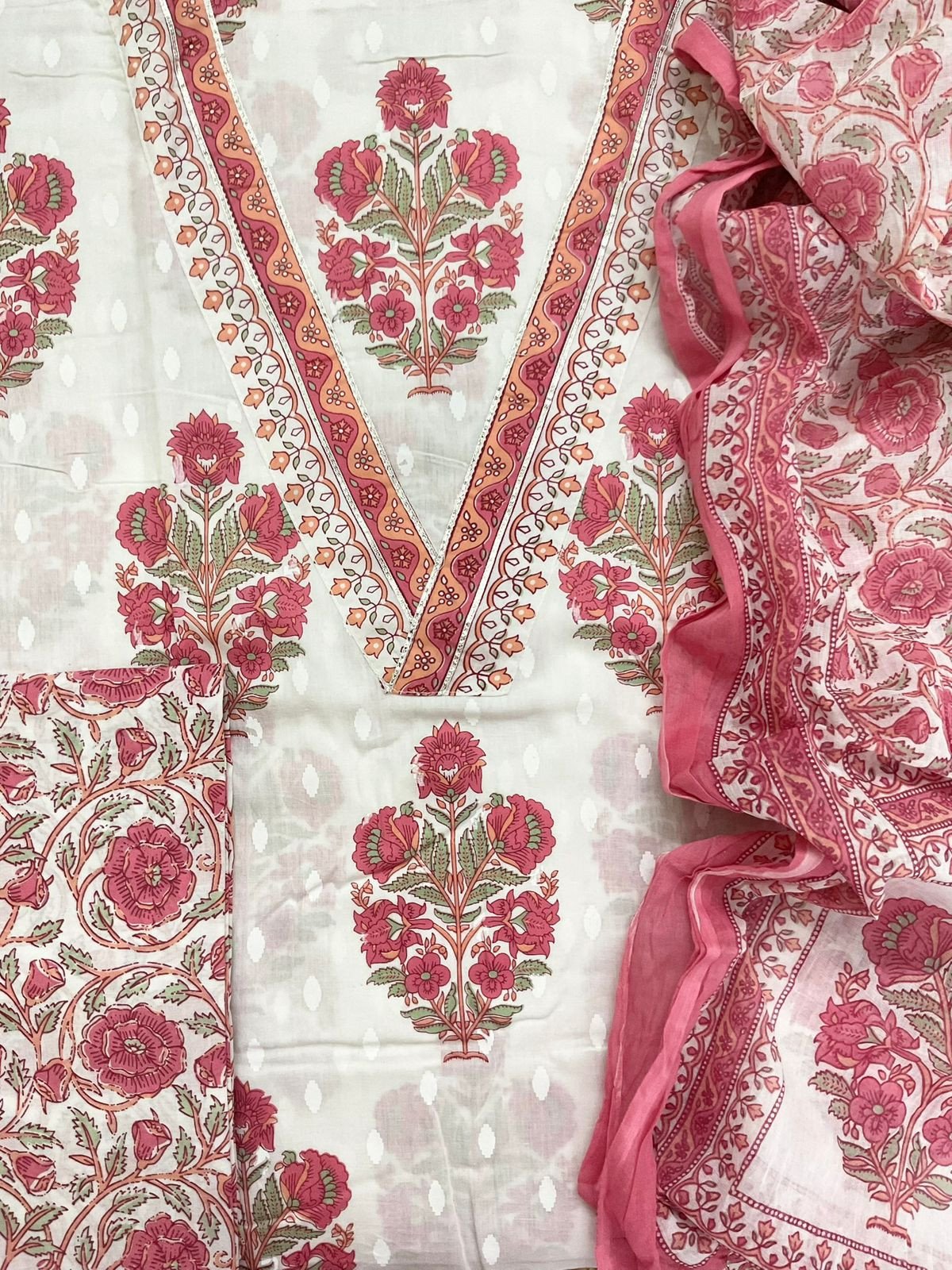 Pure Cotton Printed Suit - White