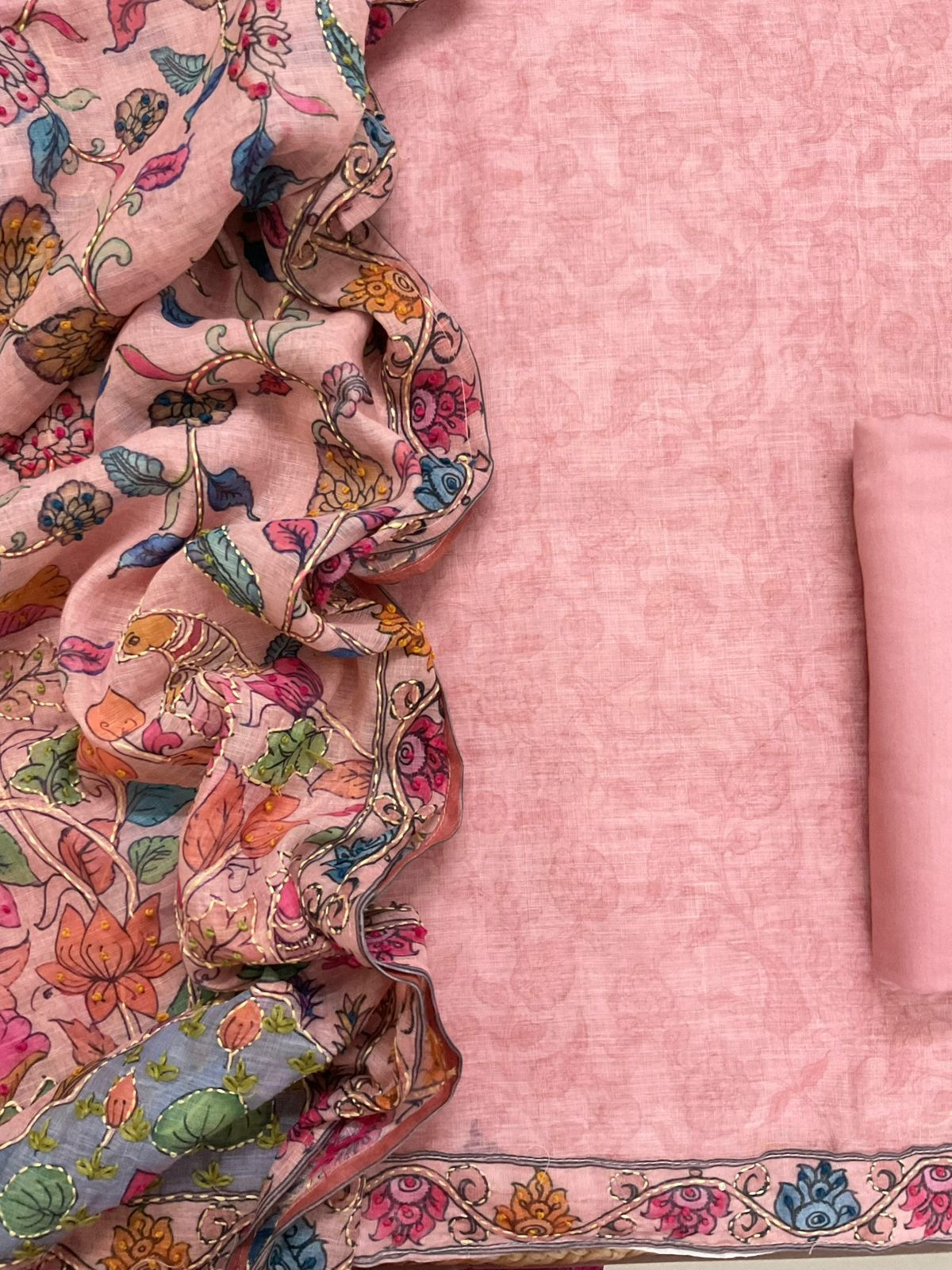 Soft Linen Jute Cotton Printed Embroidered Suit - Pink