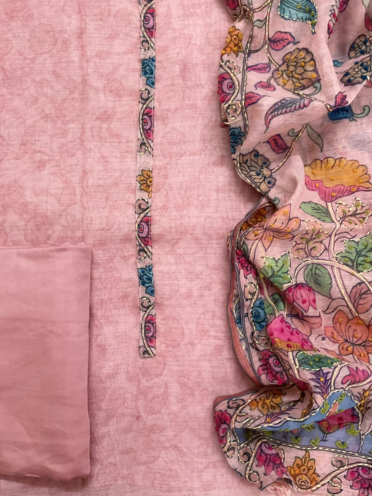 Soft Linen Jute Cotton Printed Embroidered Suit - Pink