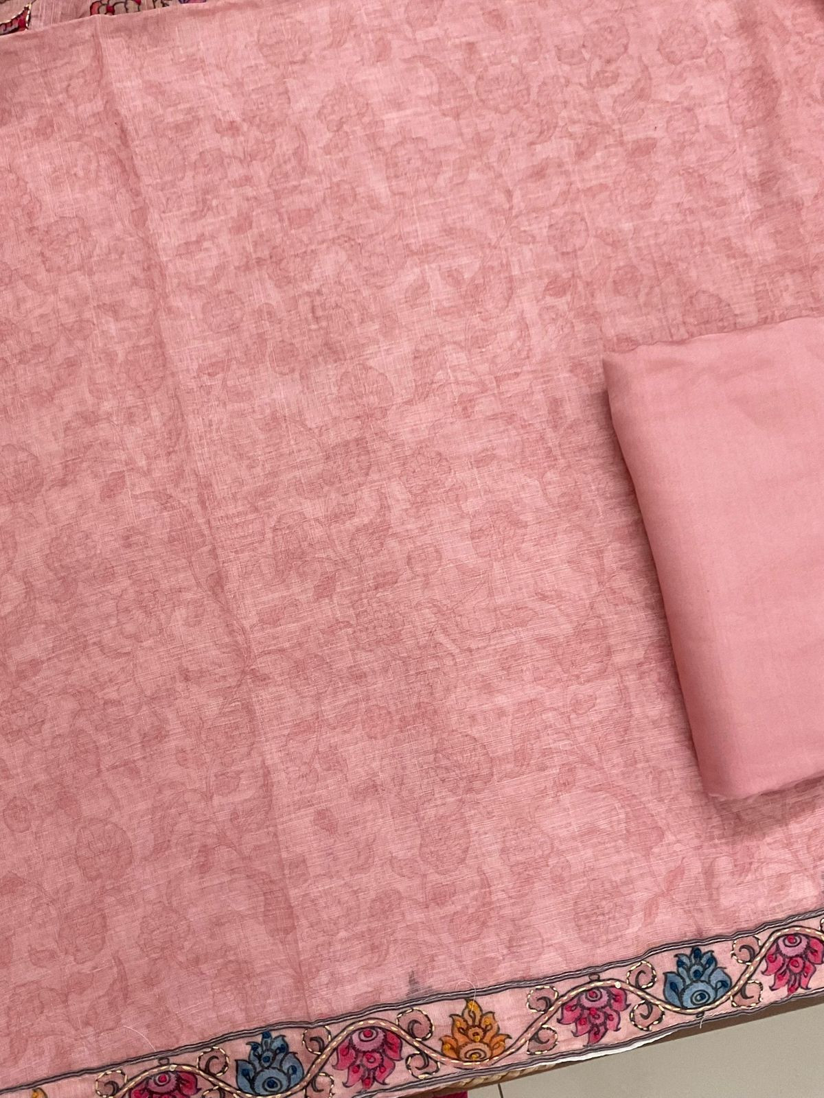 Soft Linen Jute Cotton Printed Embroidered Suit - Pink