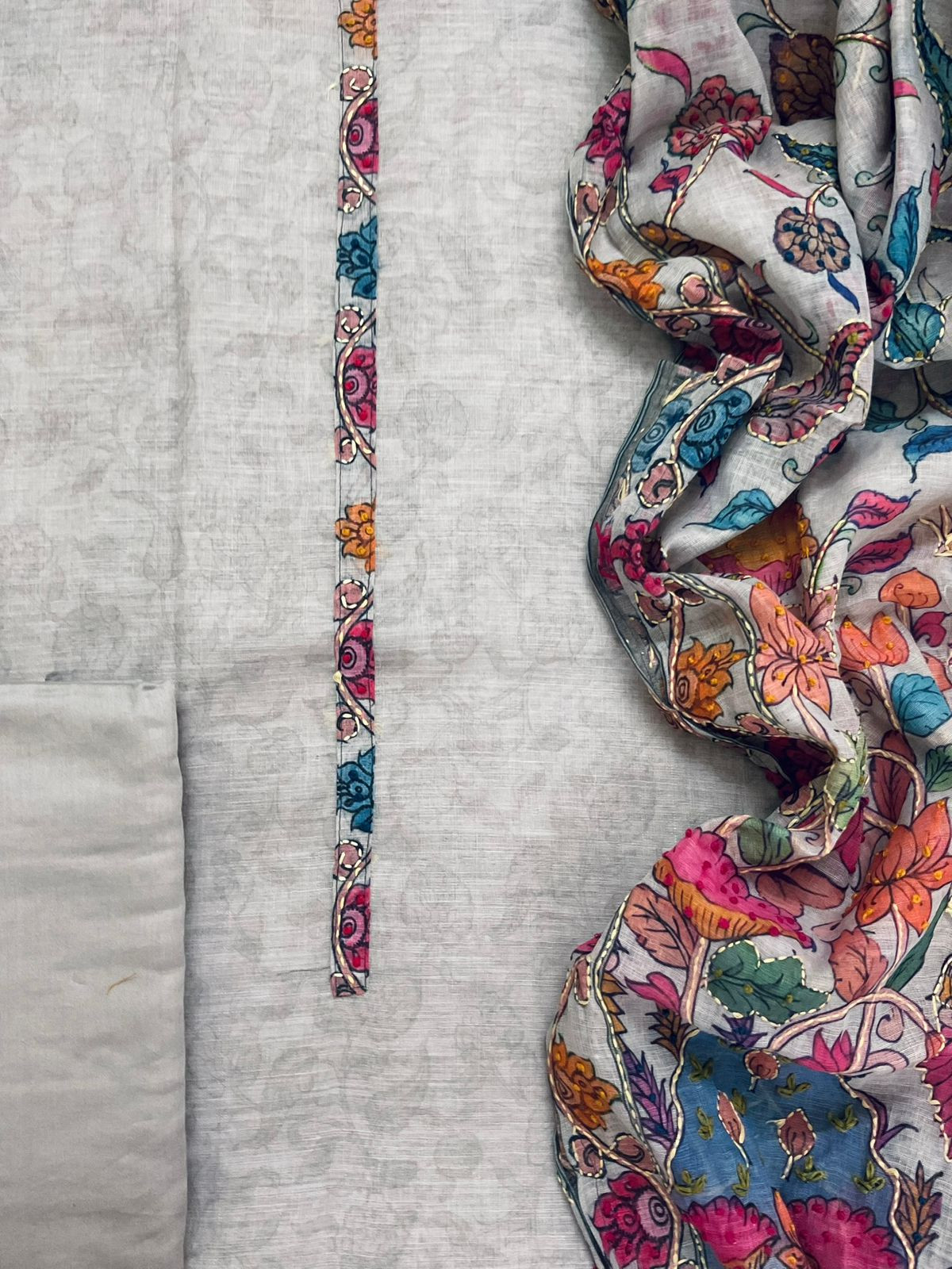 Soft Linen Jute Cotton Printed Embroidered Suit - Grey