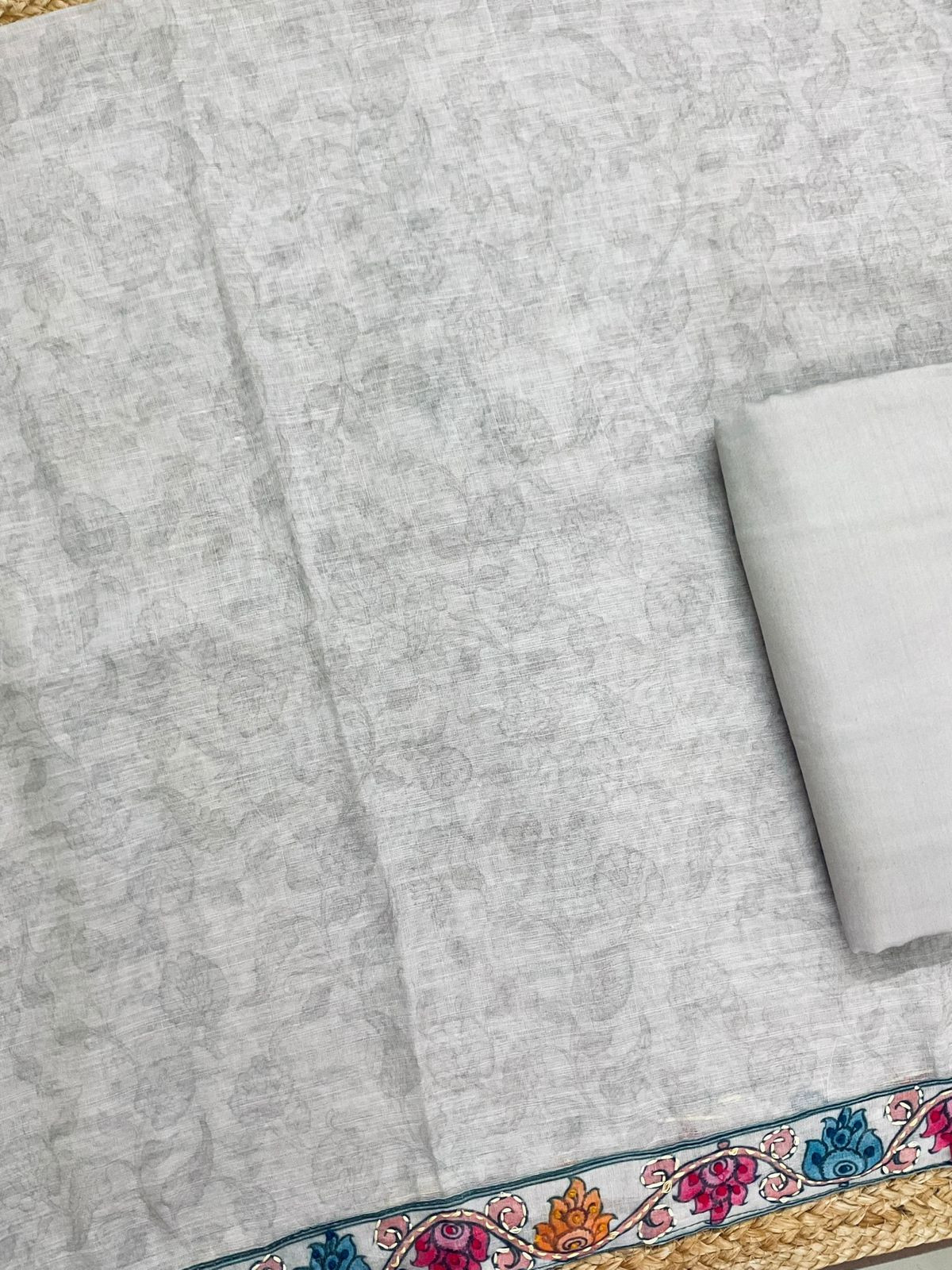 Soft Linen Jute Cotton Printed Embroidered Suit - Grey