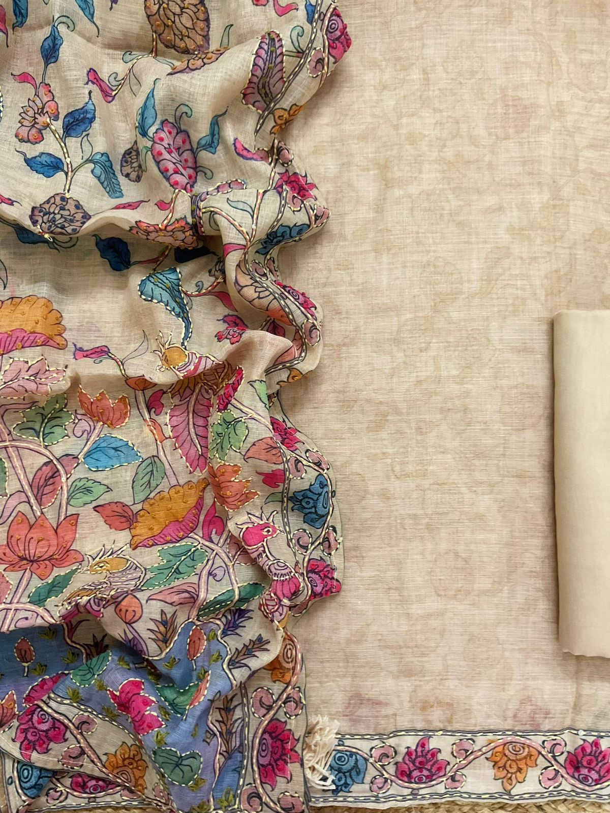 Soft Linen Jute Cotton Printed Embroidered Suit - Beige