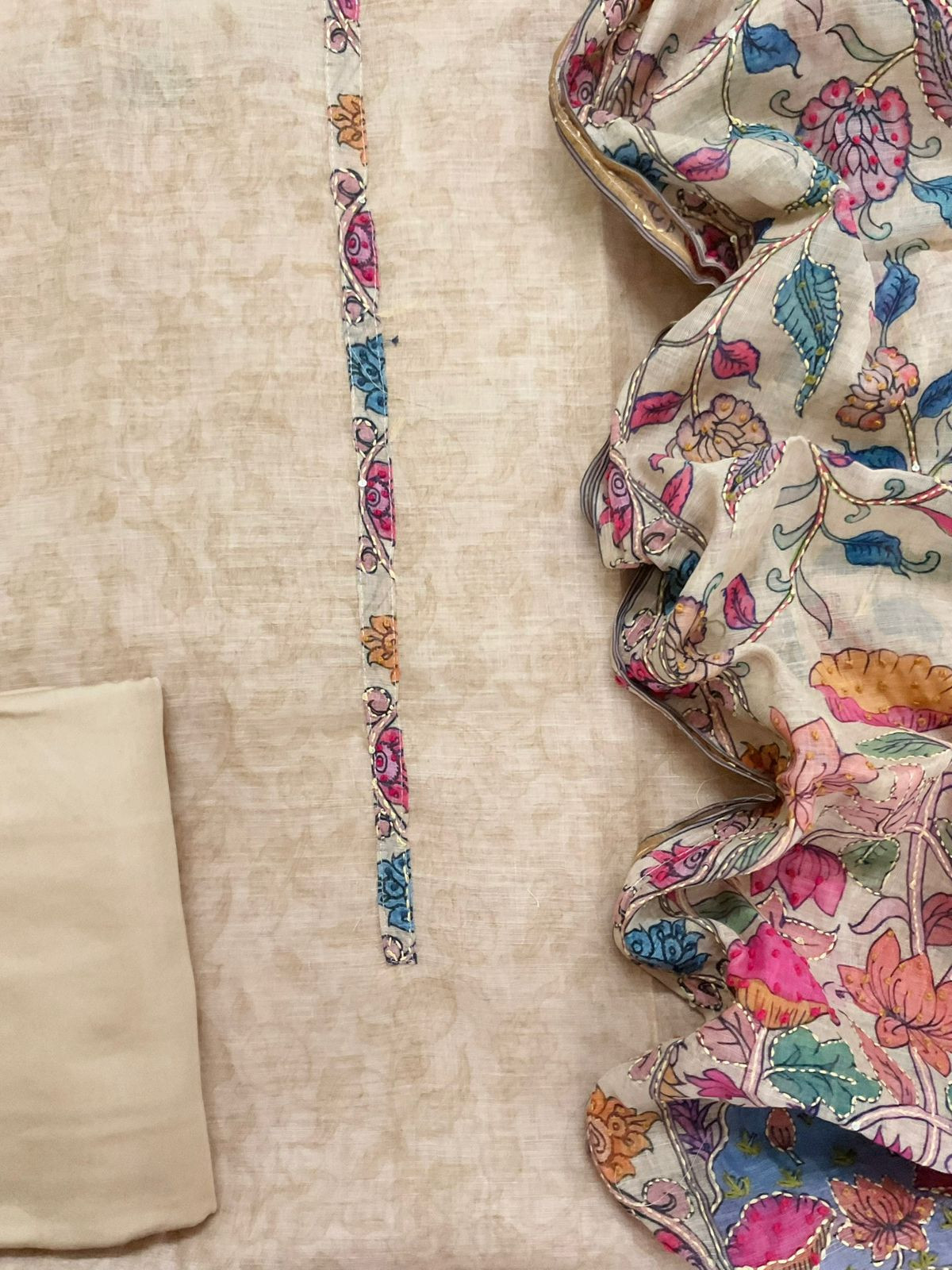 Soft Linen Jute Cotton Printed Embroidered Suit - Beige