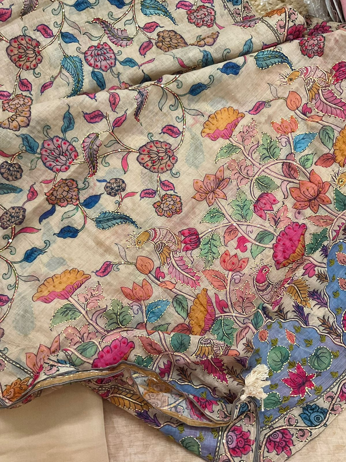 Soft Linen Jute Cotton Printed Embroidered Suit - Beige