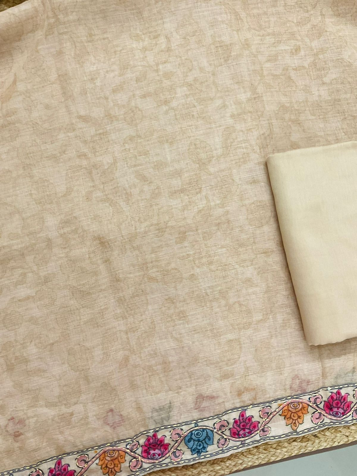 Soft Linen Jute Cotton Printed Embroidered Suit - Beige