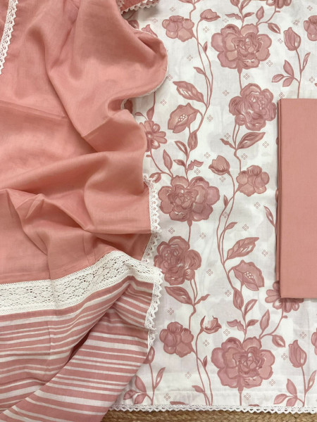 Image of Pure Cotton Printed Embroidered Suit - Off White