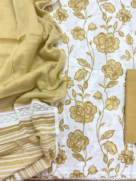 Image of Pure Cotton Printed Embroidered Suit - Off White