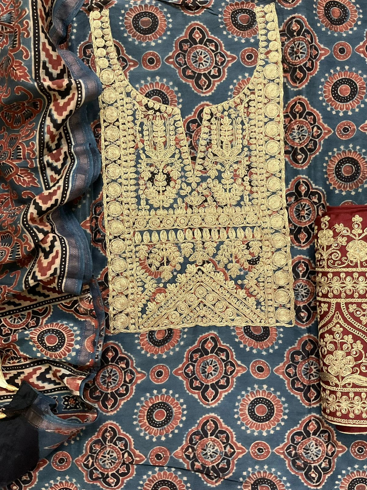 Pure Chanderi Ajrakh Printed Embroidered Suit - Blue