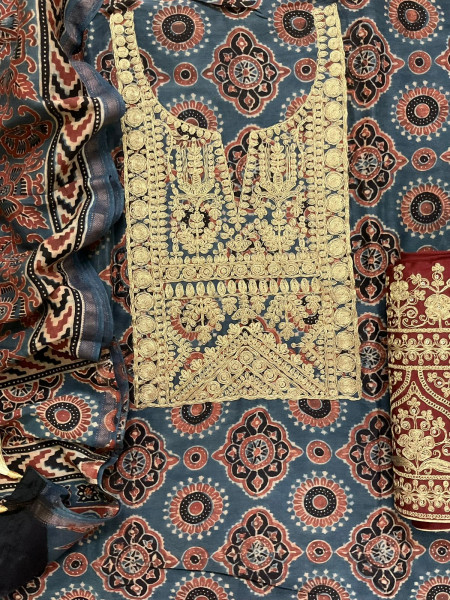 Image of Pure Chanderi Ajrakh Printed Embroidered Suit - Blue