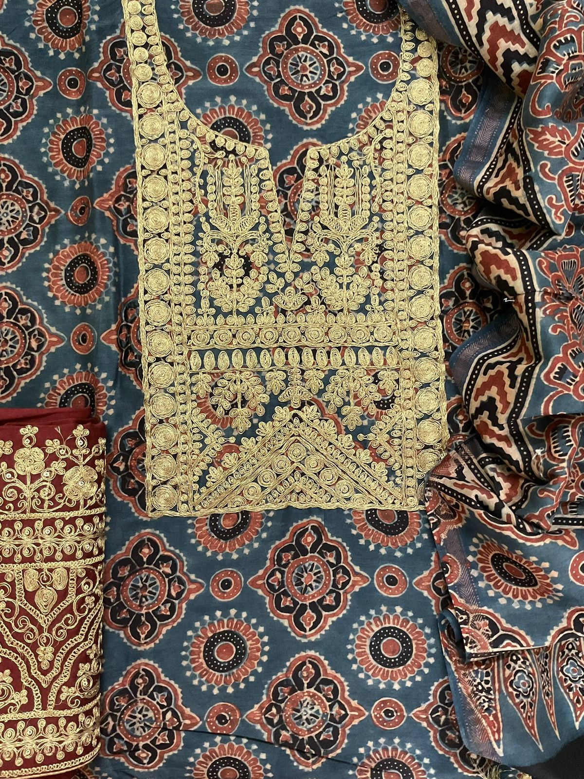 Pure Chanderi Ajrakh Printed Embroidered Suit - Blue