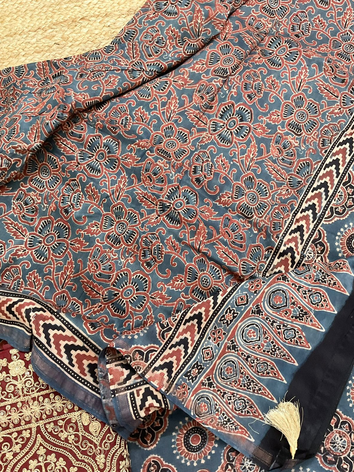Pure Chanderi Ajrakh Printed Embroidered Suit - Blue