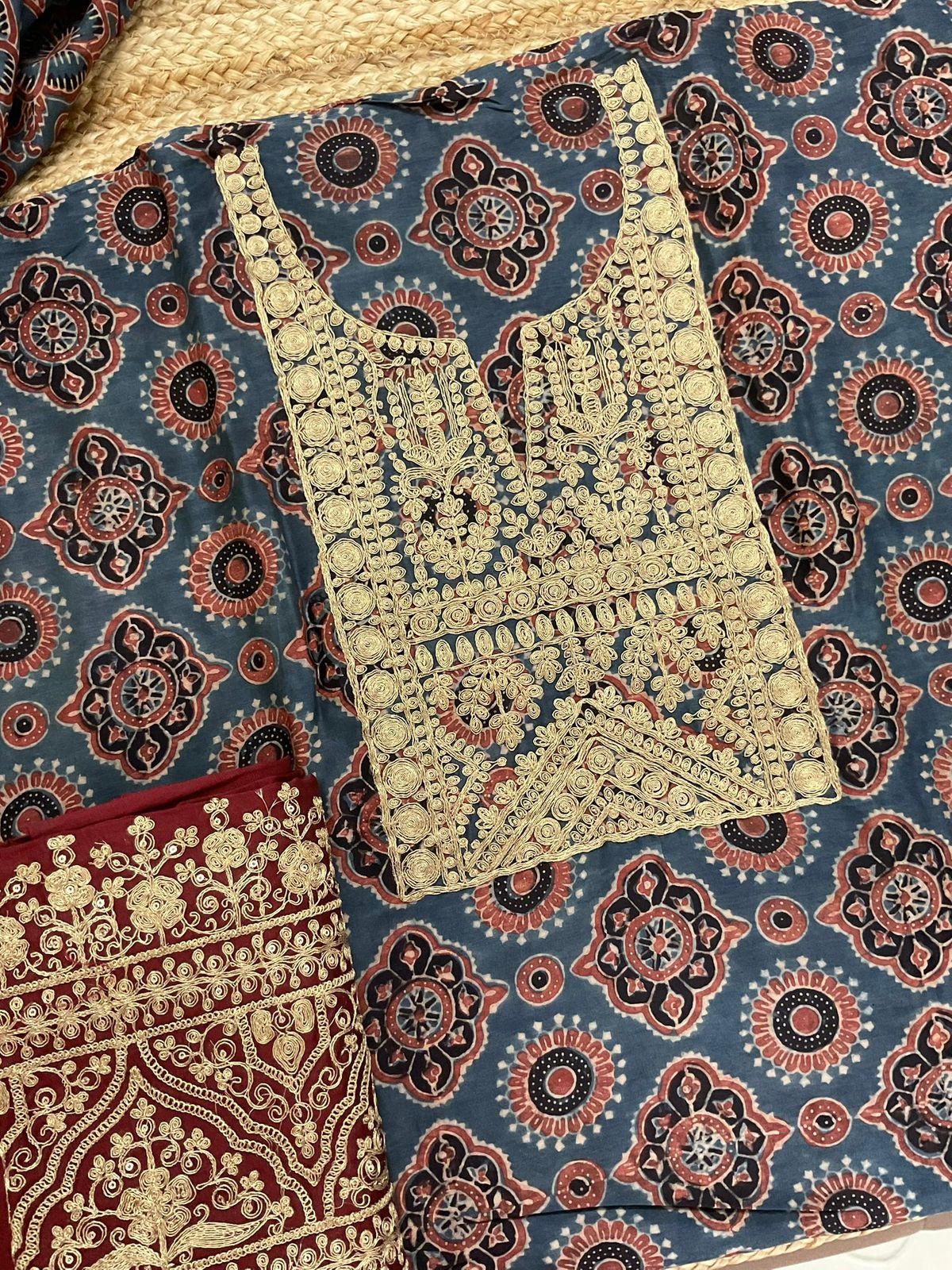 Pure Chanderi Ajrakh Printed Embroidered Suit - Blue