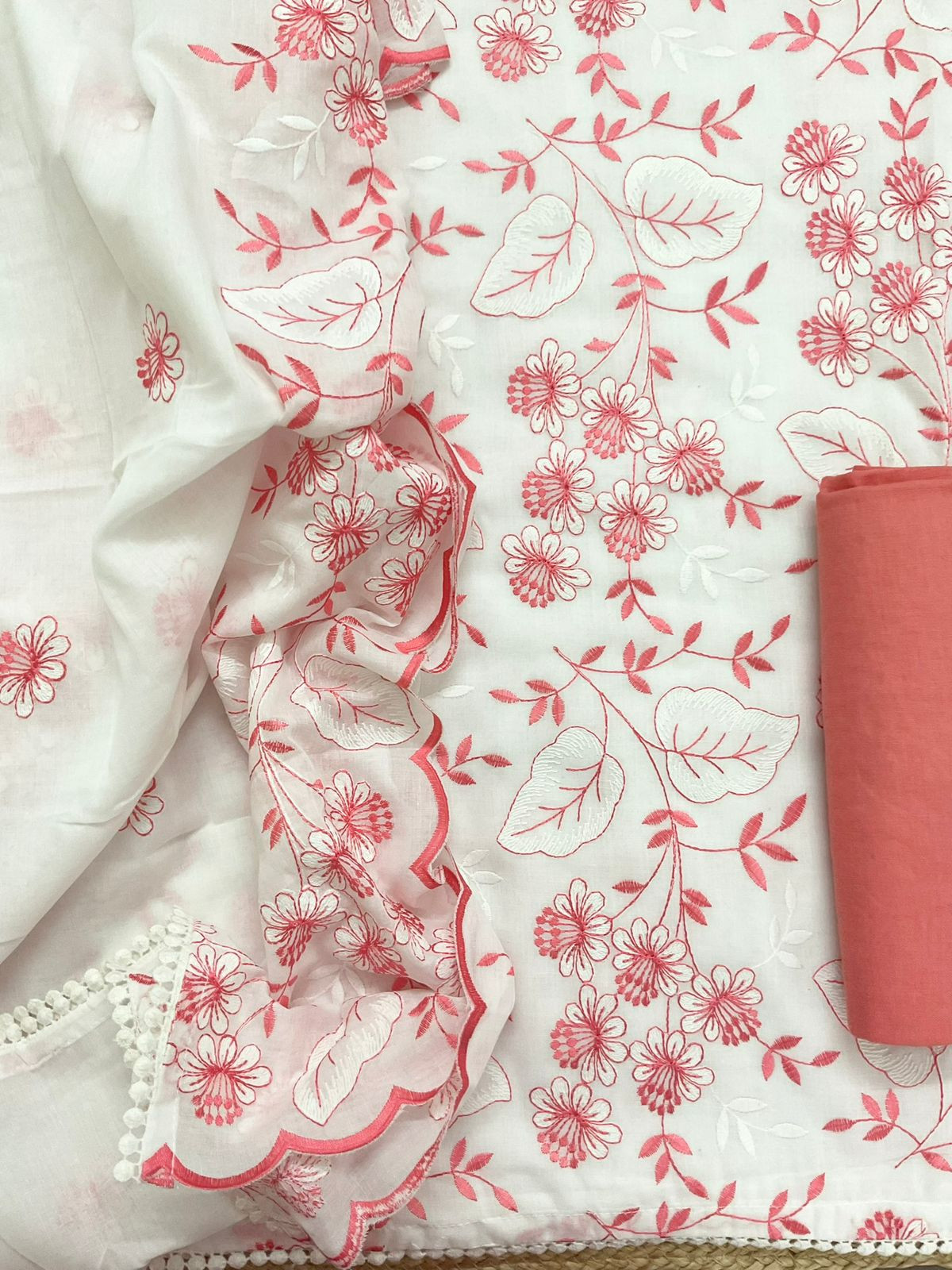 Pure Cotton Embroidered Suit - White