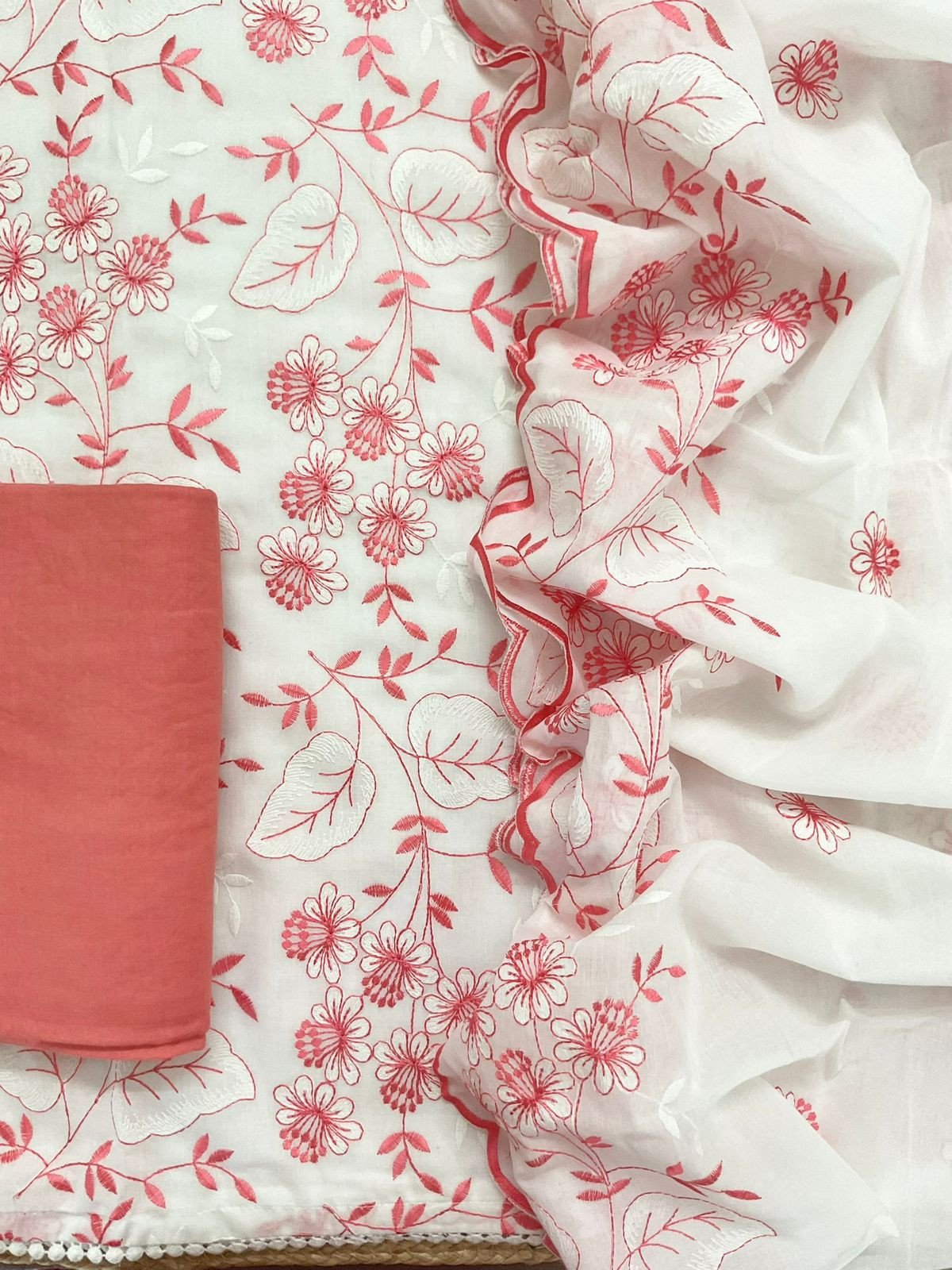 Pure Cotton Embroidered Suit - White