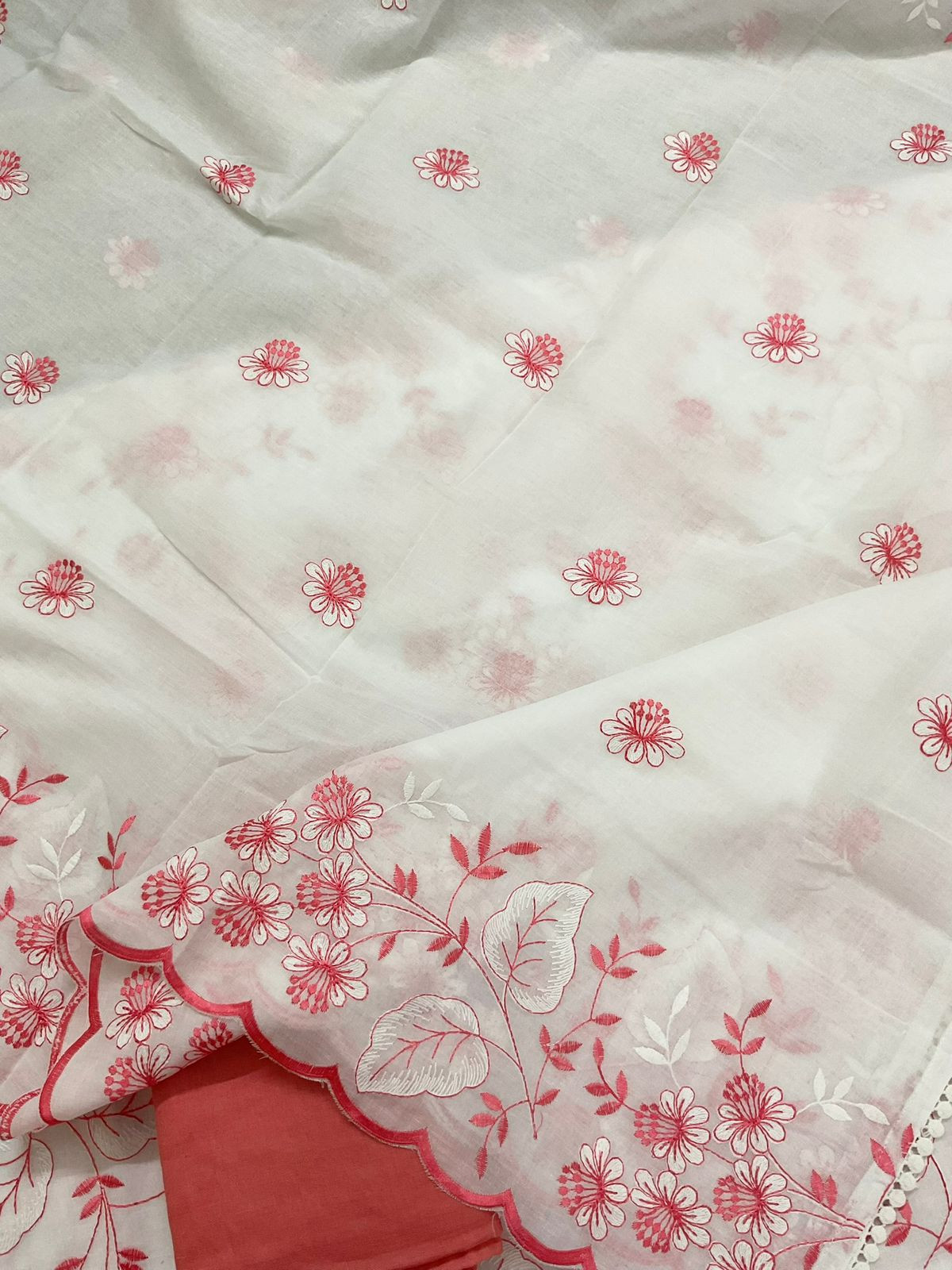 Pure Cotton Embroidered Suit - White