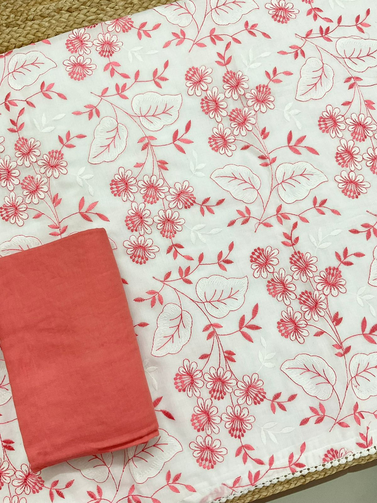 Pure Cotton Embroidered Suit - White