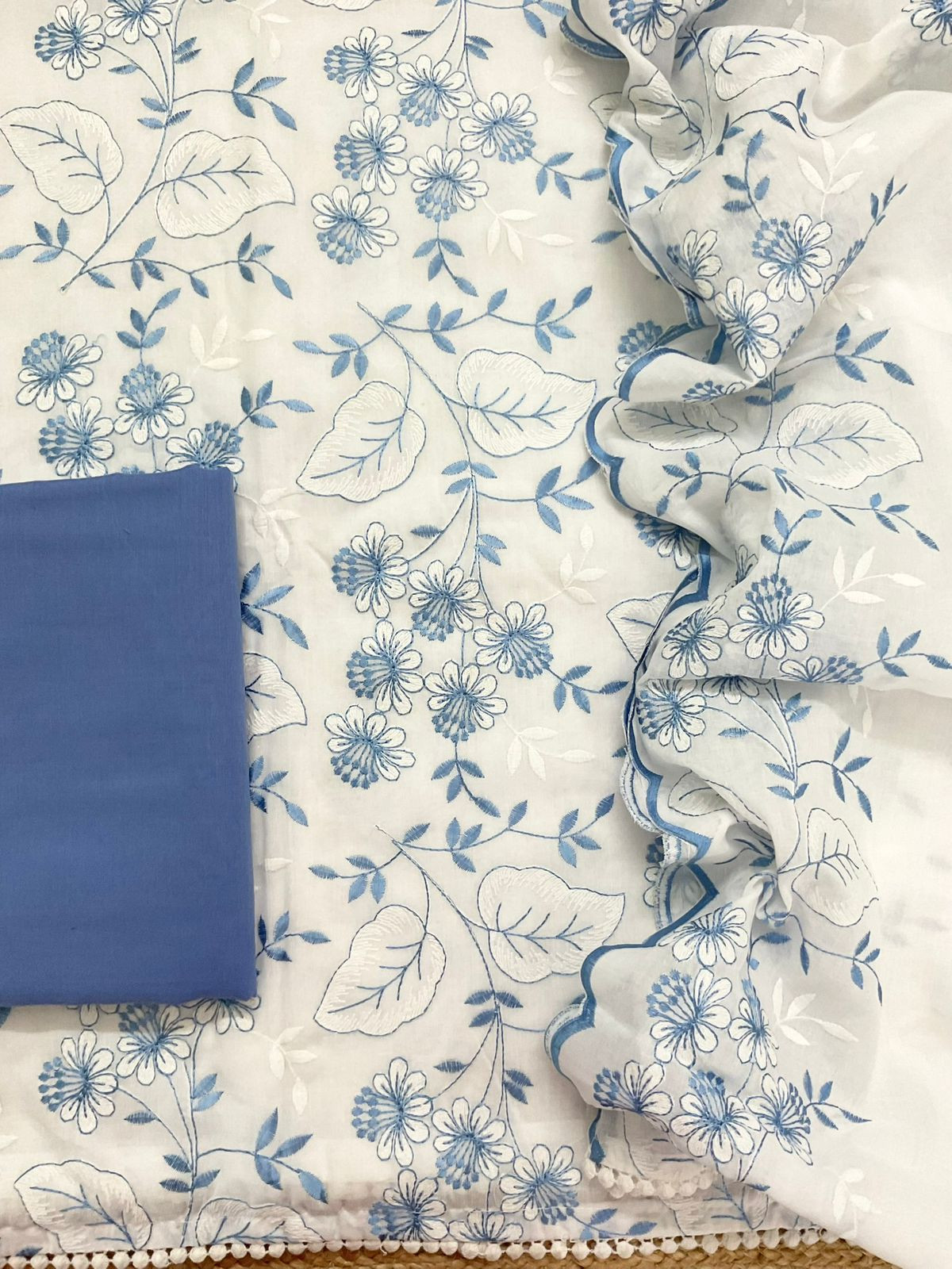 Pure Cotton Embroidered Suit - White