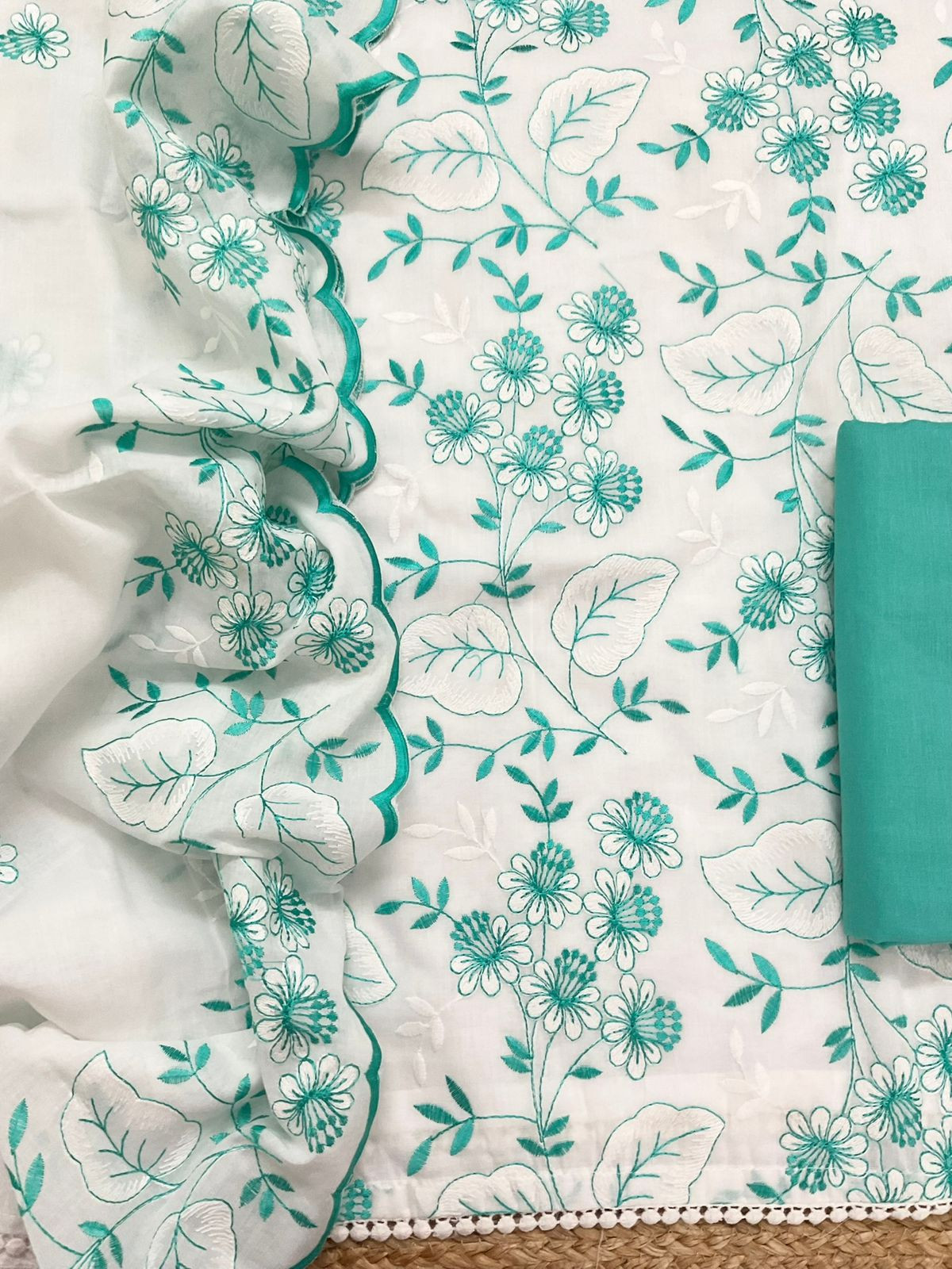 Pure Cotton Embroidered Suit - White