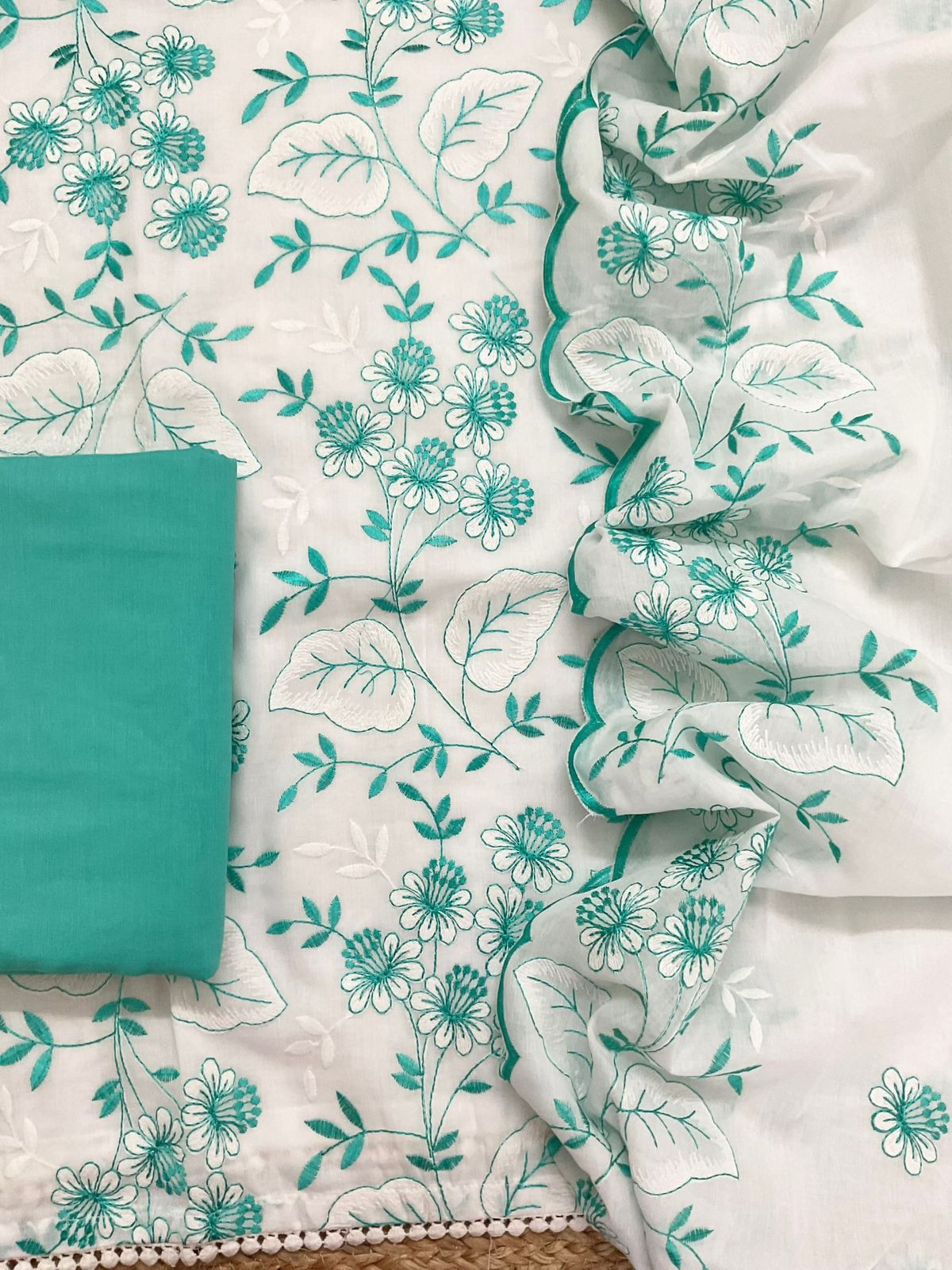 Pure Cotton Embroidered Suit - White