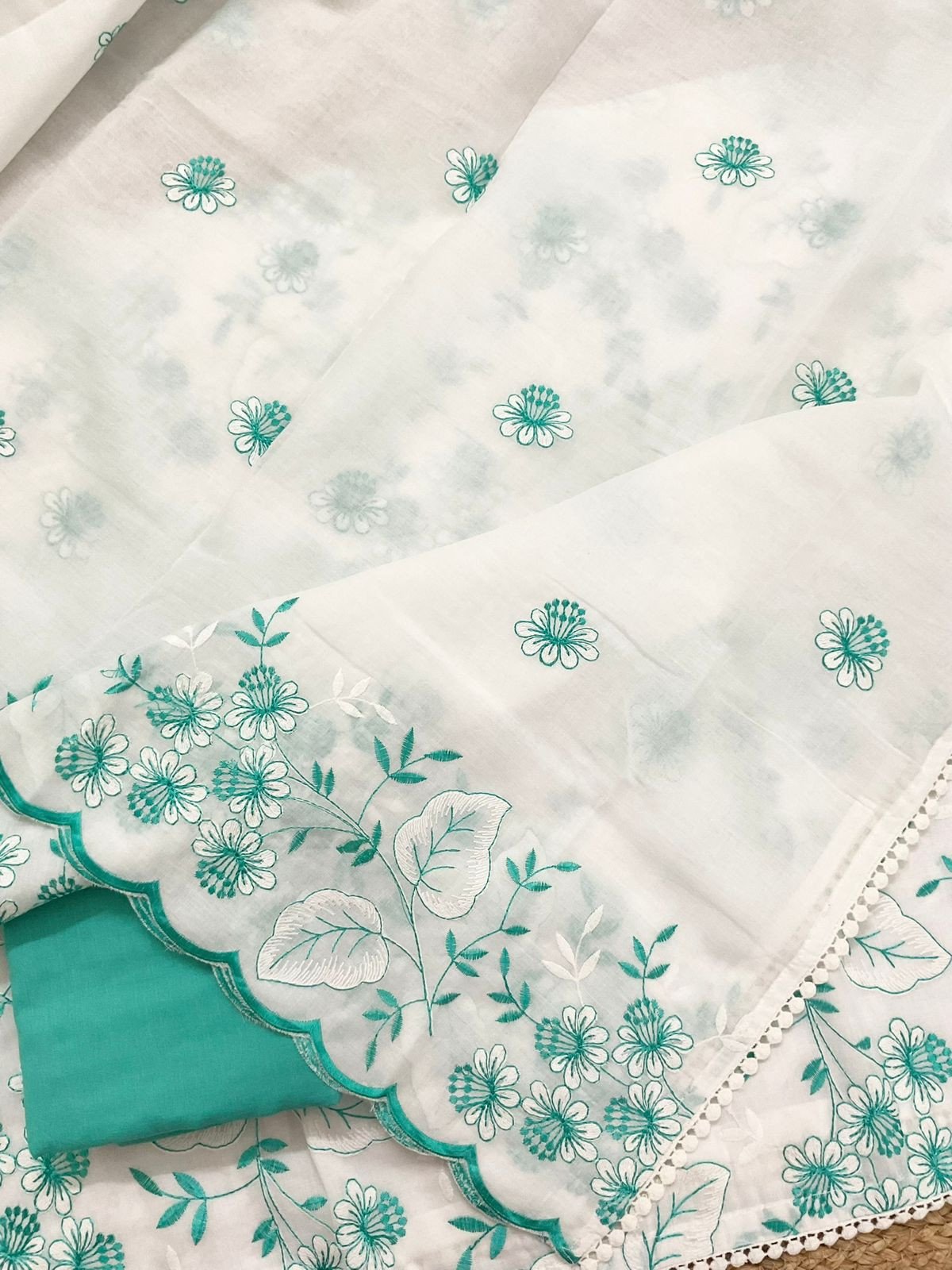 Pure Cotton Embroidered Suit - White