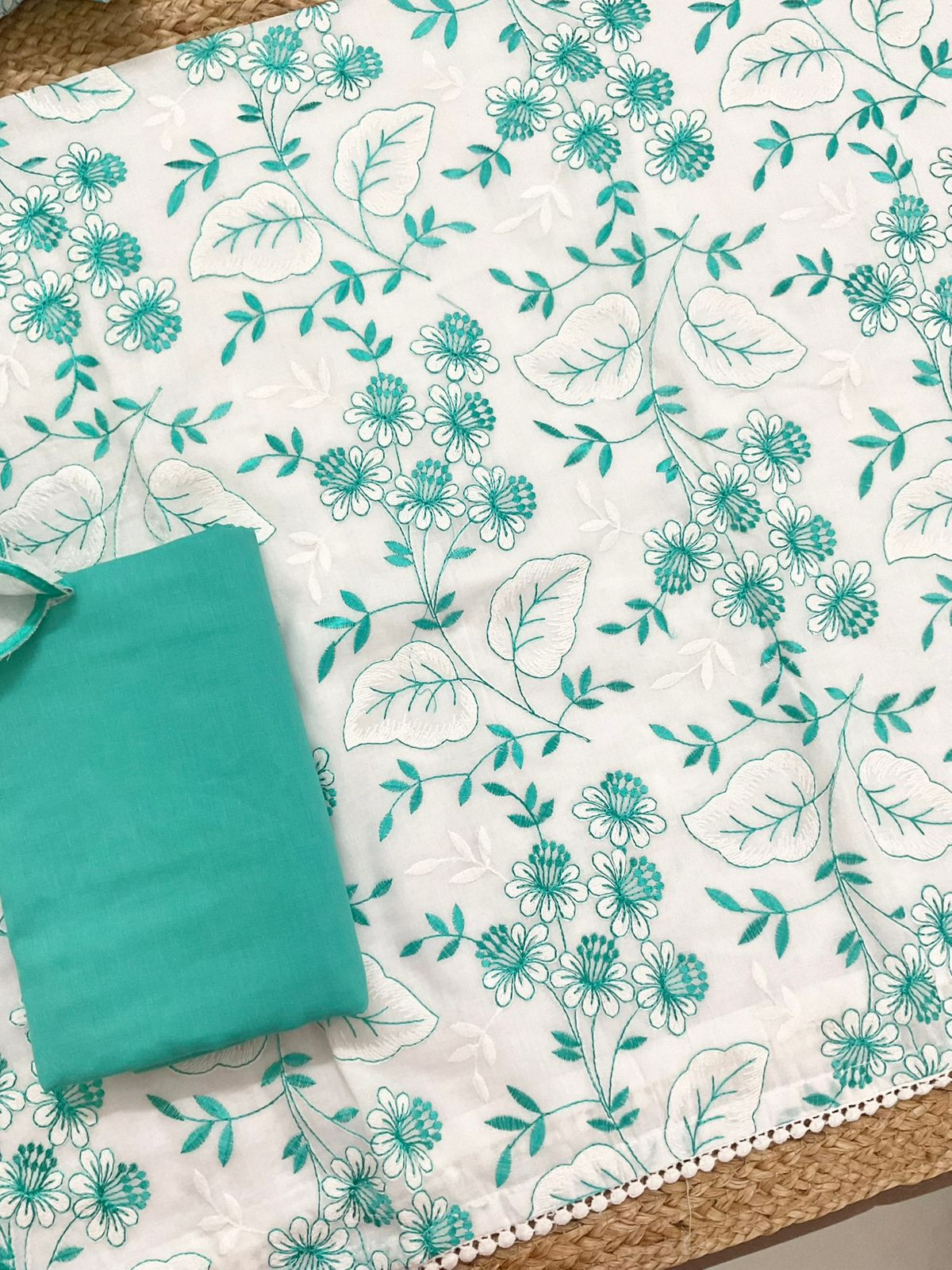 Pure Cotton Embroidered Suit - White