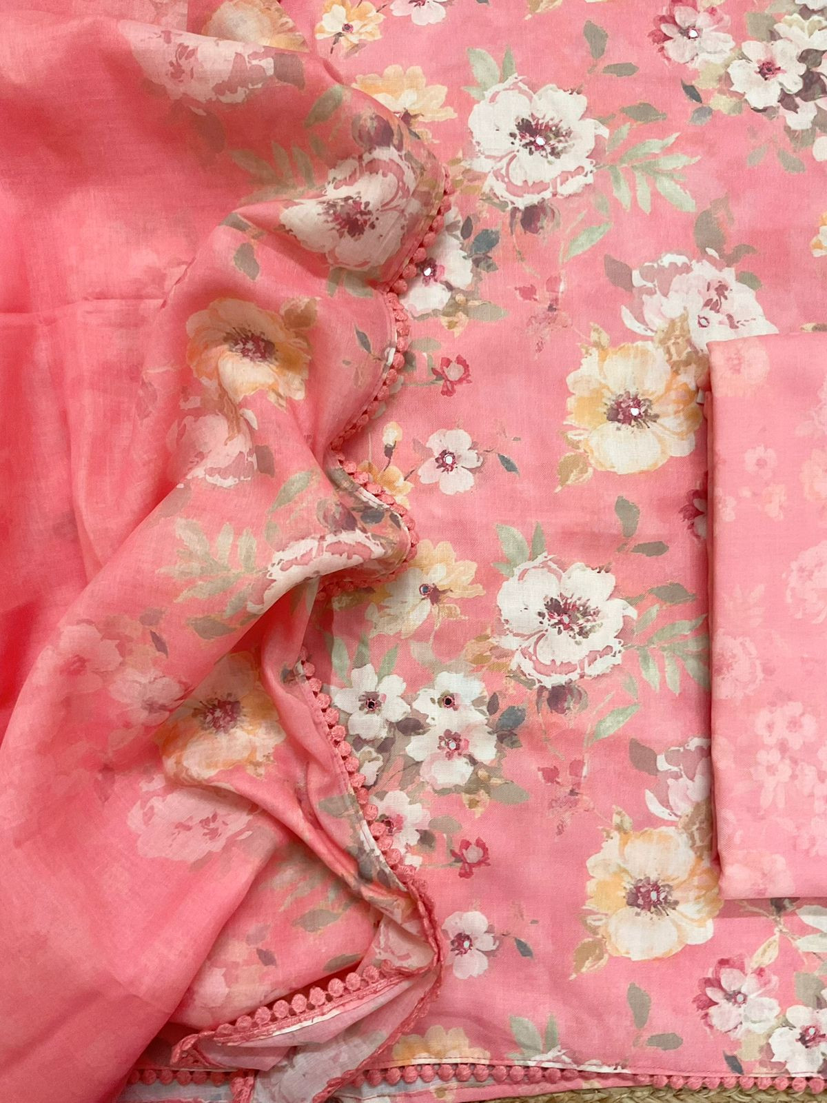 Pure Slub Cotton Printed Embroidered Suit - Peach