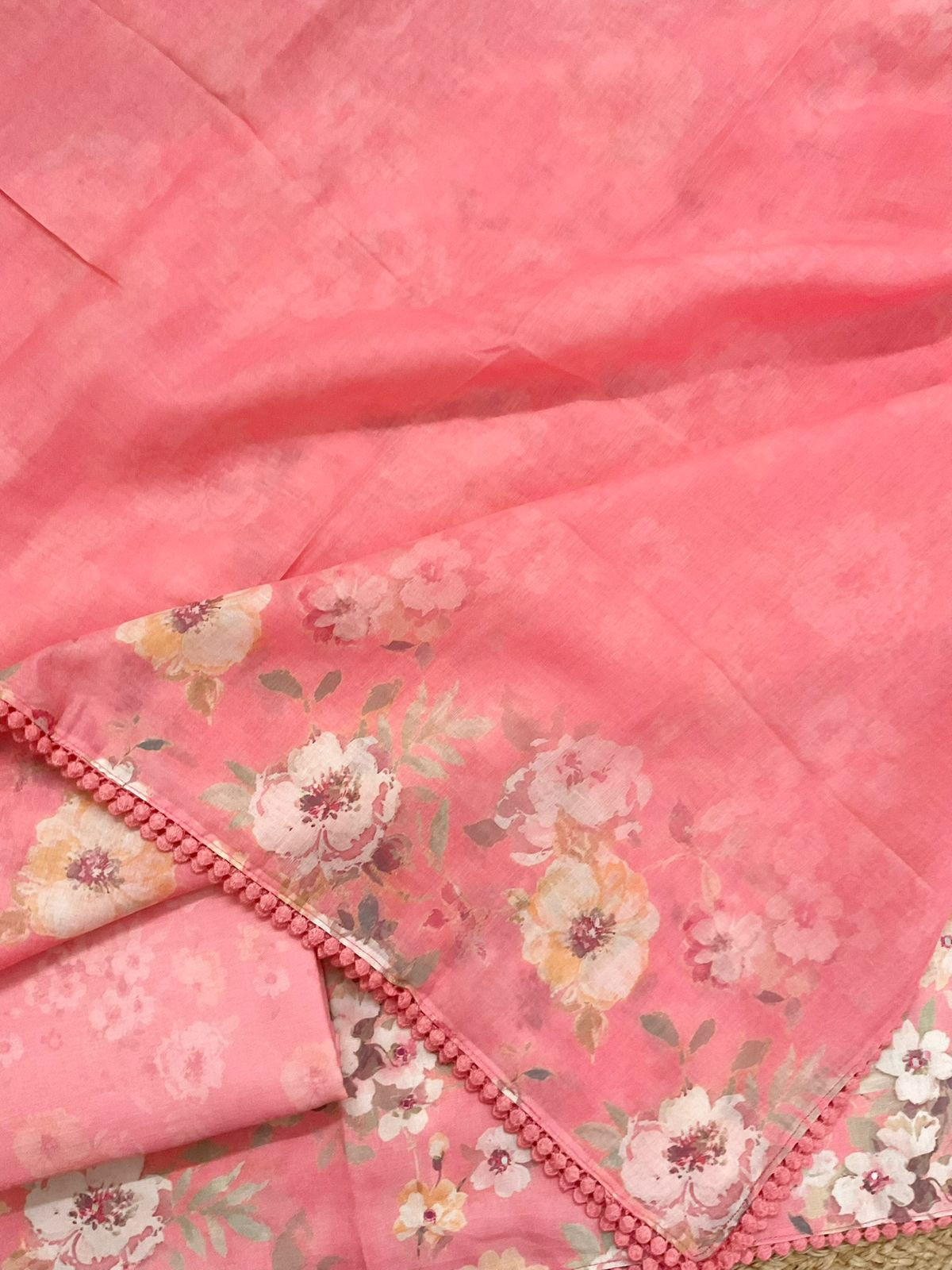 Pure Slub Cotton Printed Embroidered Suit - Peach