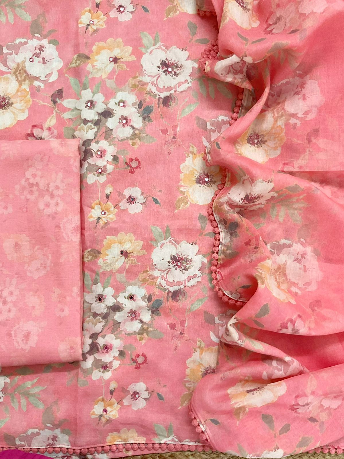 Pure Slub Cotton Printed Embroidered Suit - Peach