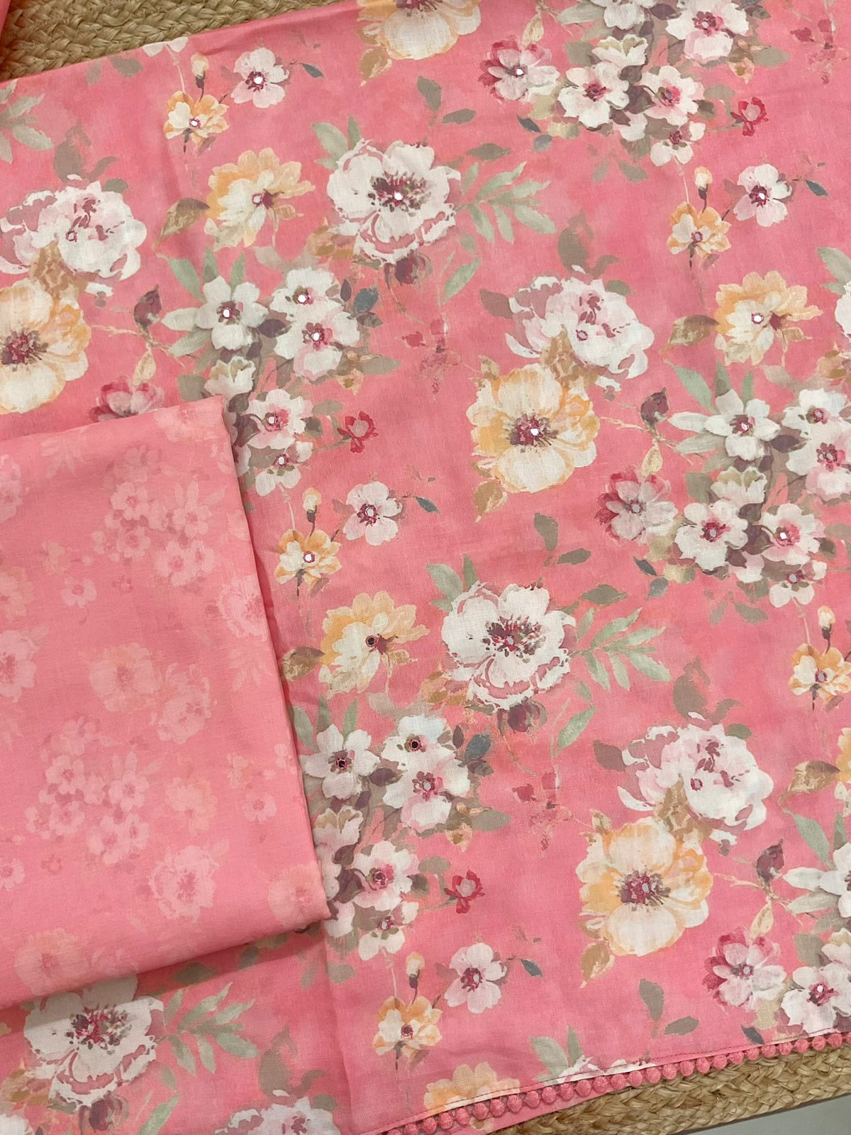 Pure Slub Cotton Printed Embroidered Suit - Peach