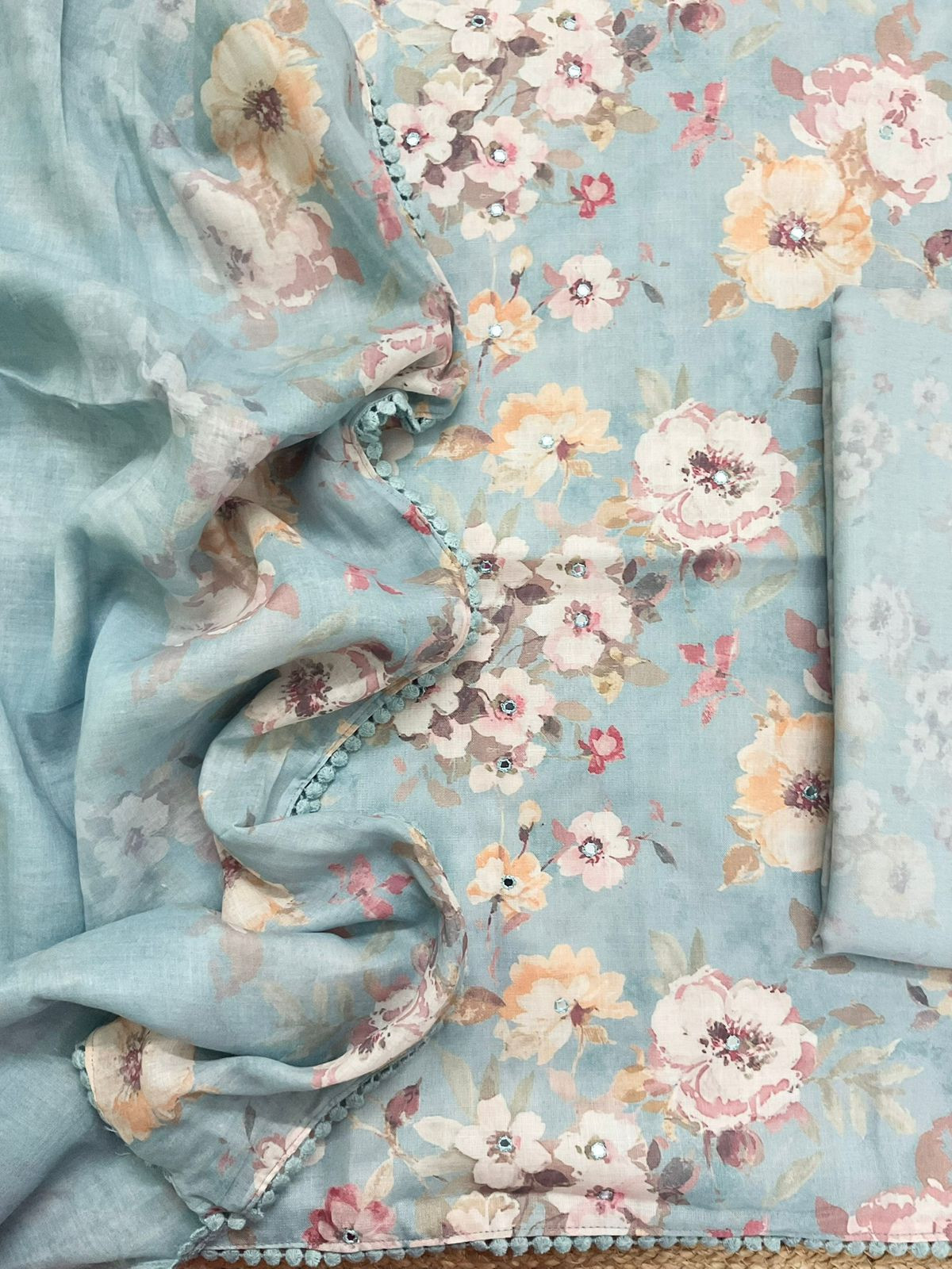 Pure Slub Cotton Printed Embroidered Suit - Blue