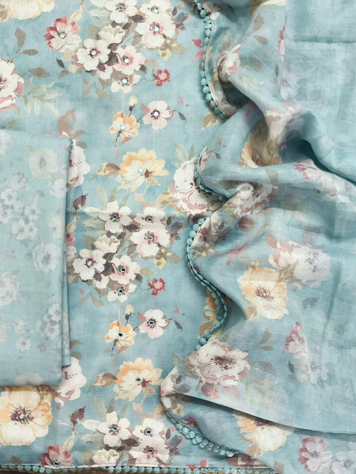 Pure Slub Cotton Printed Embroidered Suit - Blue