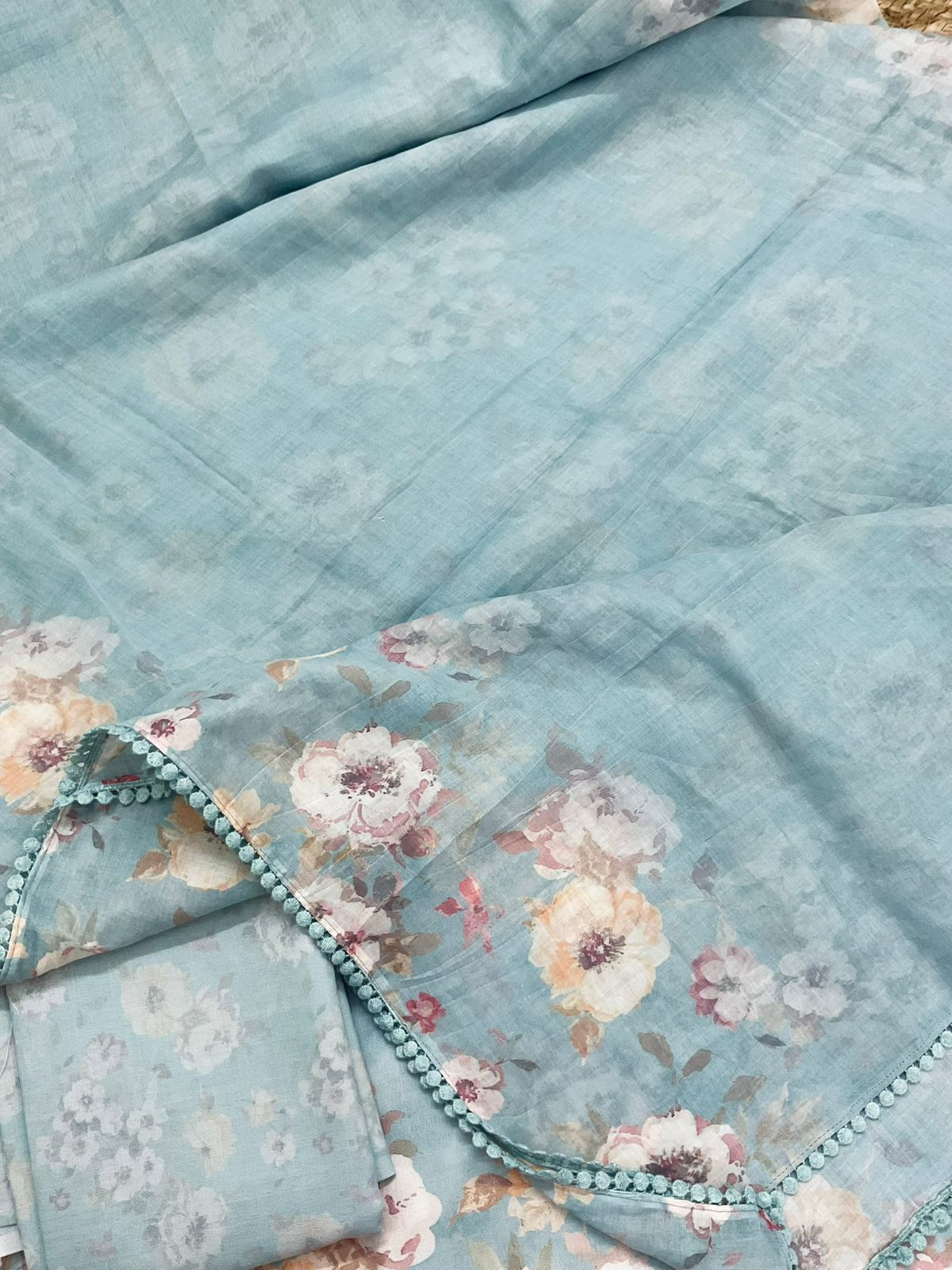 Pure Slub Cotton Printed Embroidered Suit - Blue