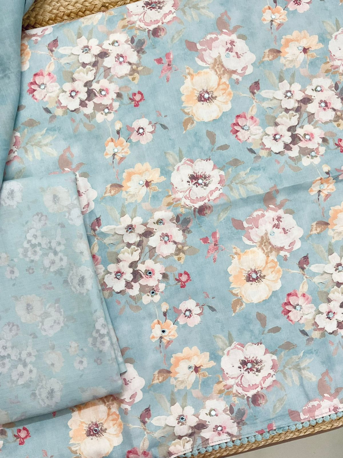 Pure Slub Cotton Printed Embroidered Suit - Blue