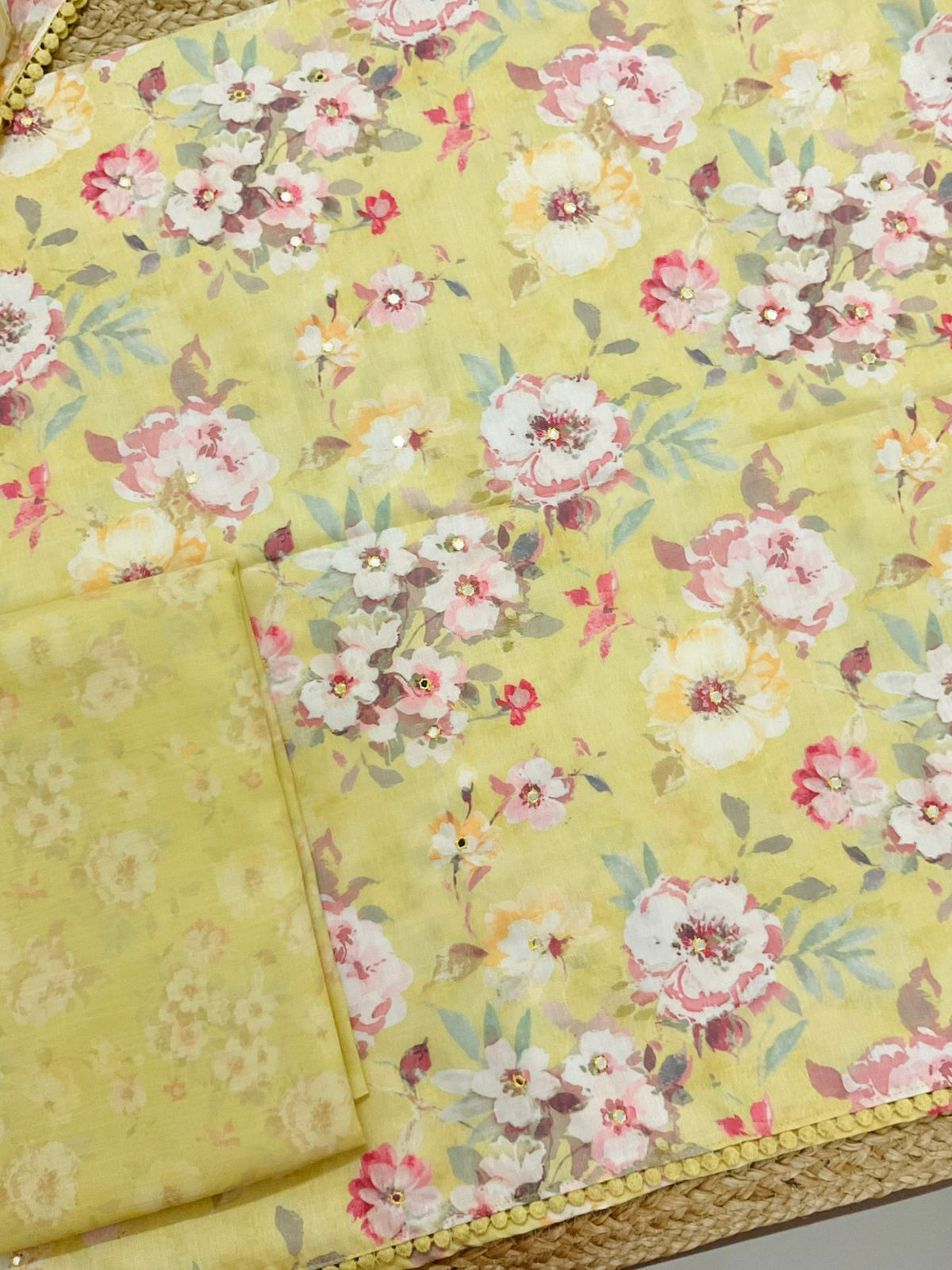 Pure Slub Cotton Printed Embroidered Suit - Yellow