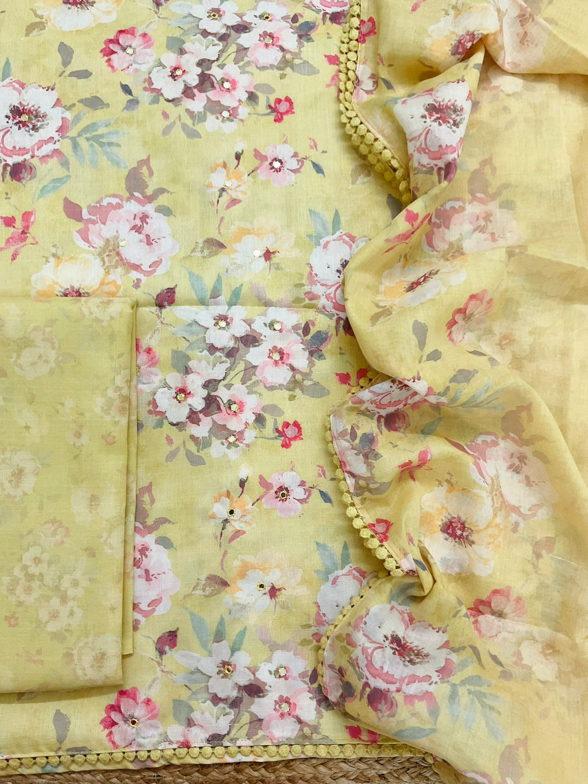 Pure Slub Cotton Printed Embroidered Suit - Yellow