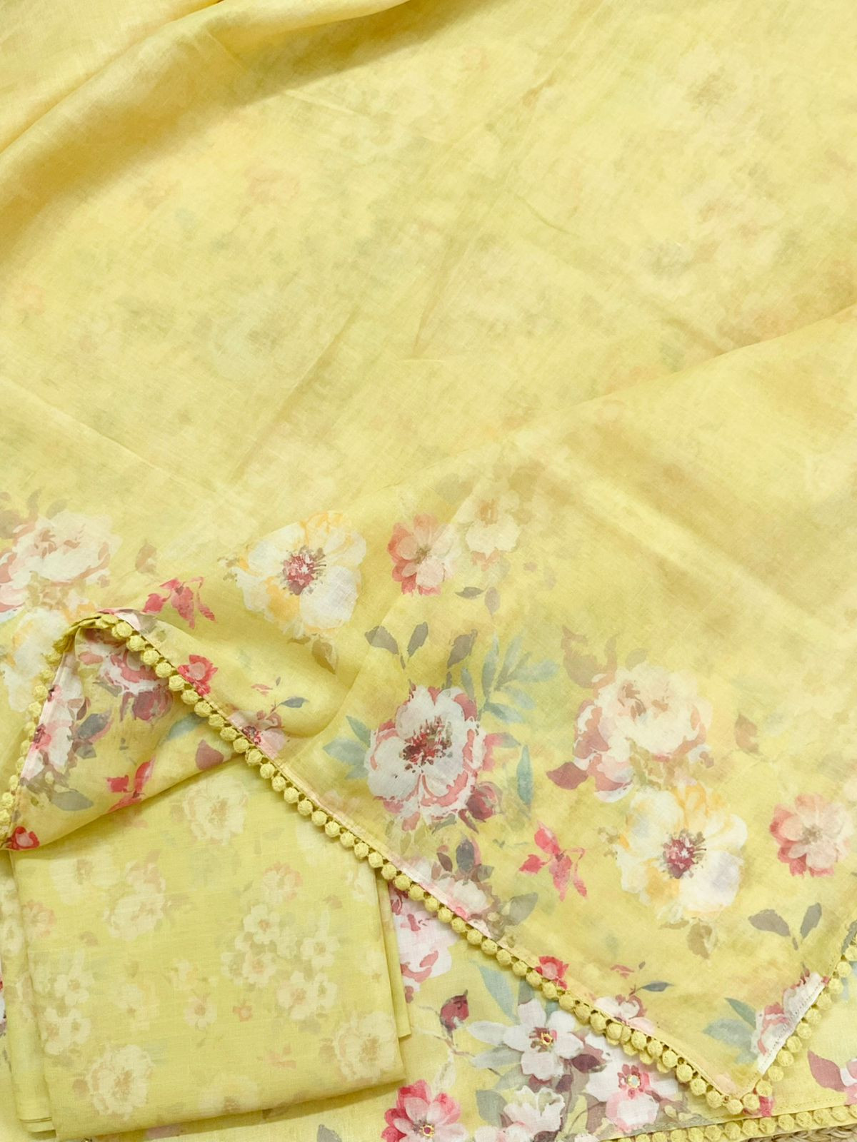 Pure Slub Cotton Printed Embroidered Suit - Yellow