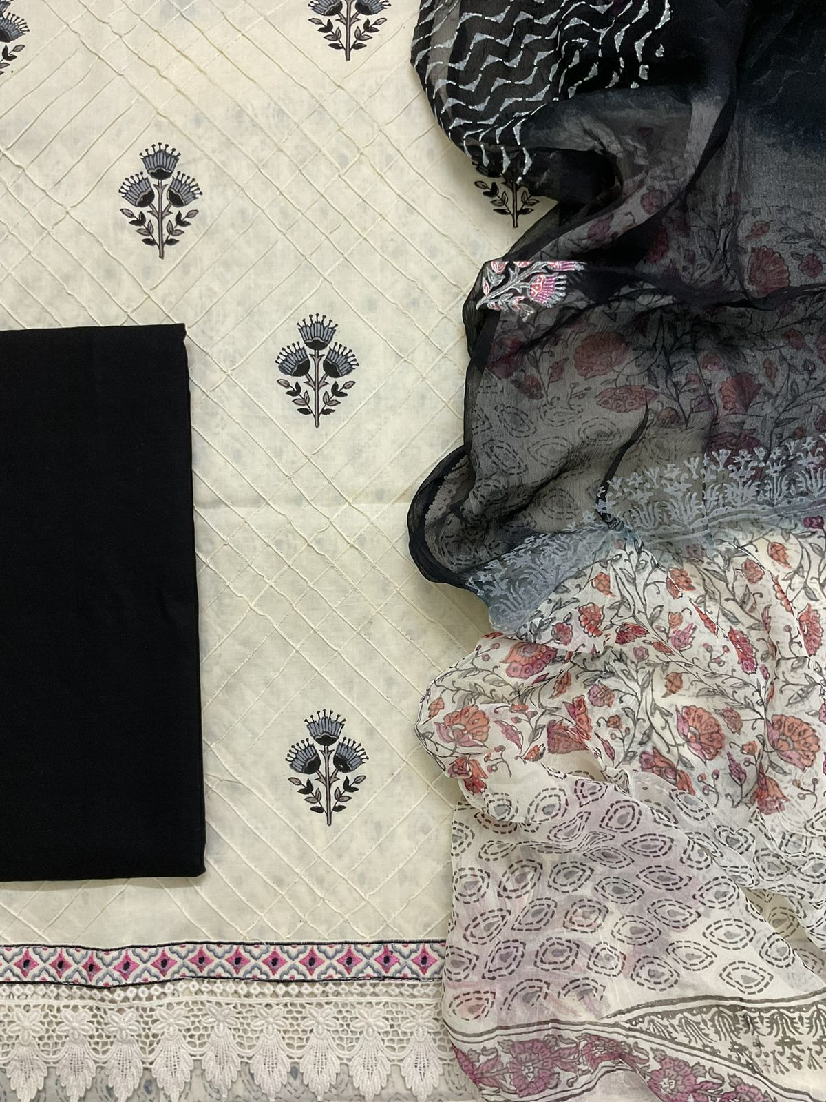 Pure Cotton Printed Embroidered Suit - Cream