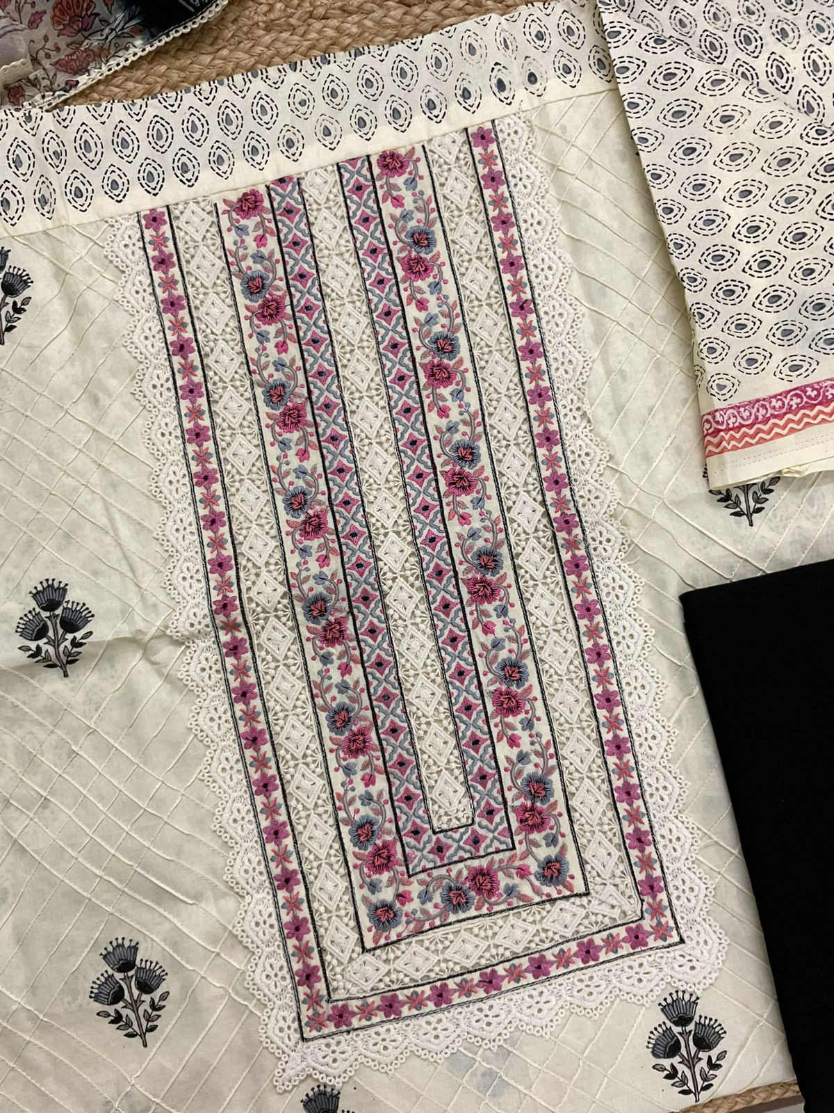 Pure Cotton Printed Embroidered Suit - Cream