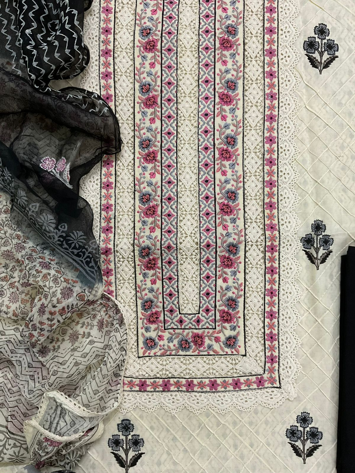 Pure Cotton Printed Embroidered Suit - Cream